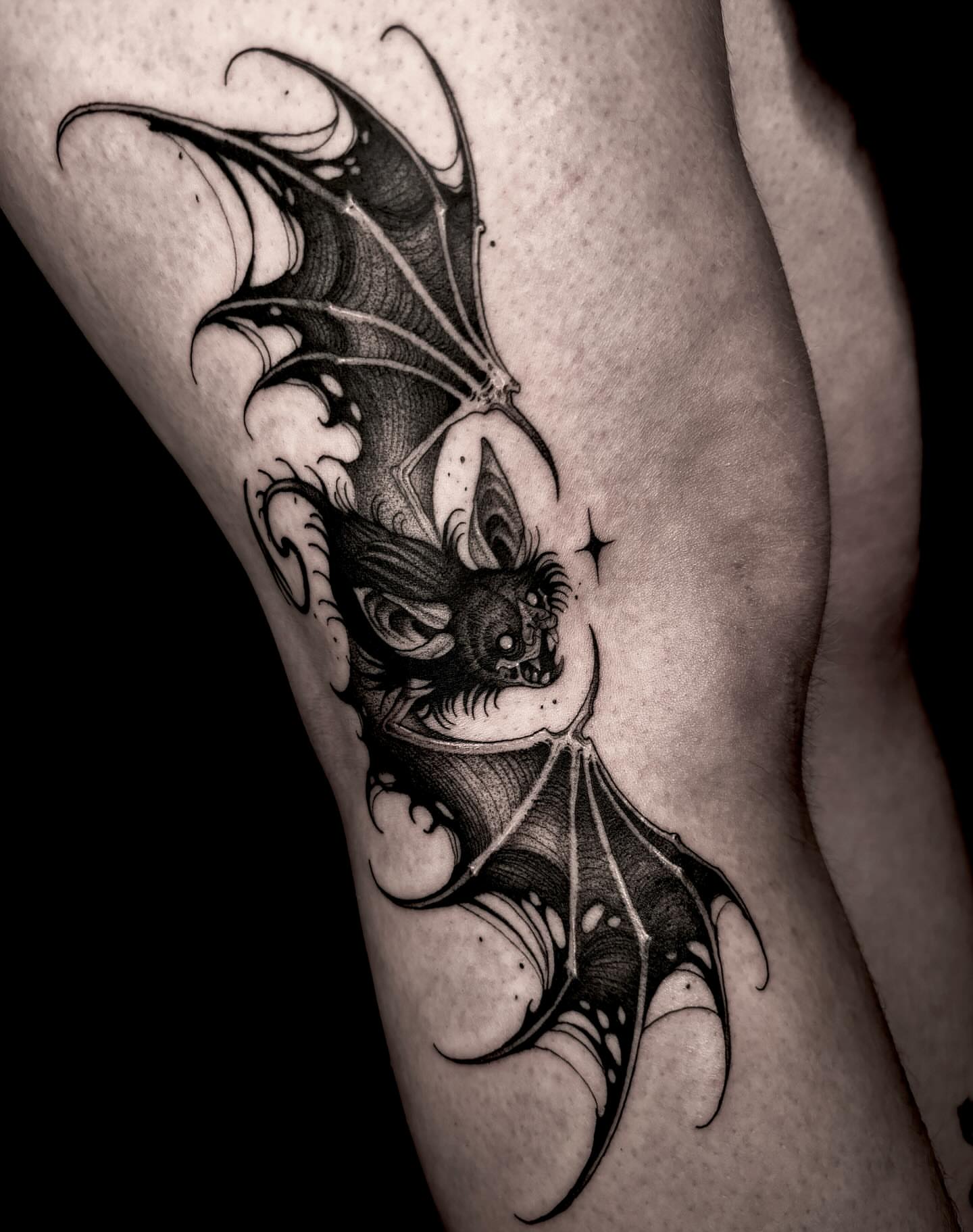 Bat dark realism tattoo on the forearm by Jens