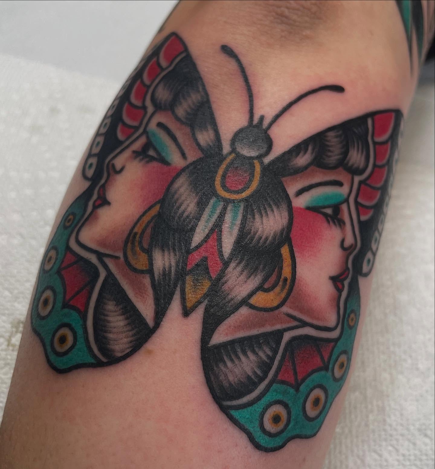 Geisha butterfly American traditional tattoo on the forearm by Micheal McGlinchey