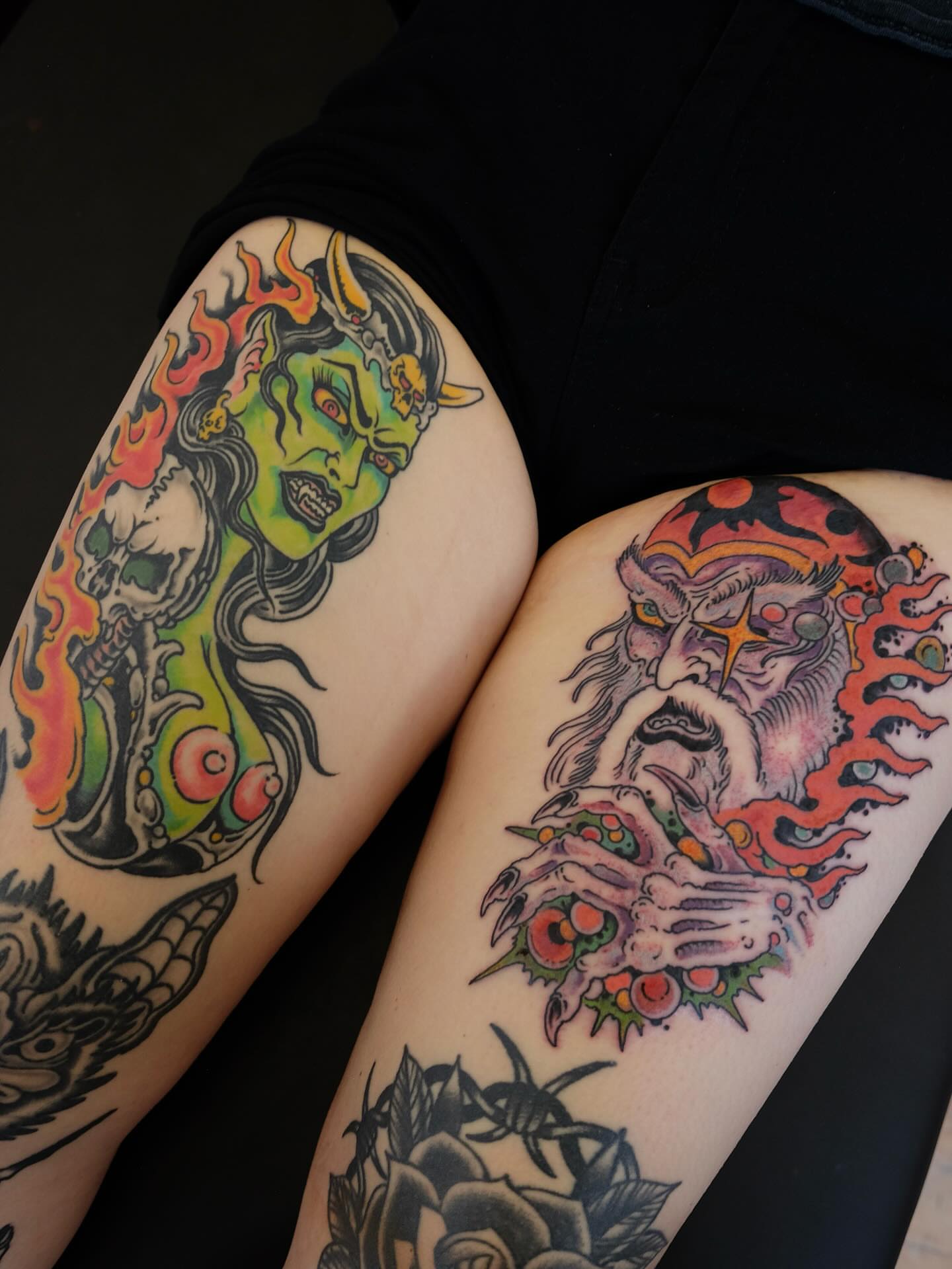 Demon and skull American traditional tattoo on the forearm by Zac Blevins