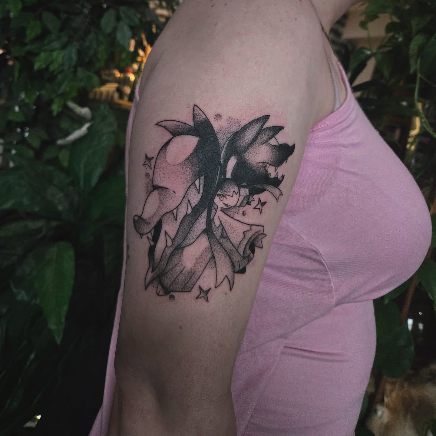 Anime character dotwork tattoo on the upper arm by Alexandra Colella ✨️