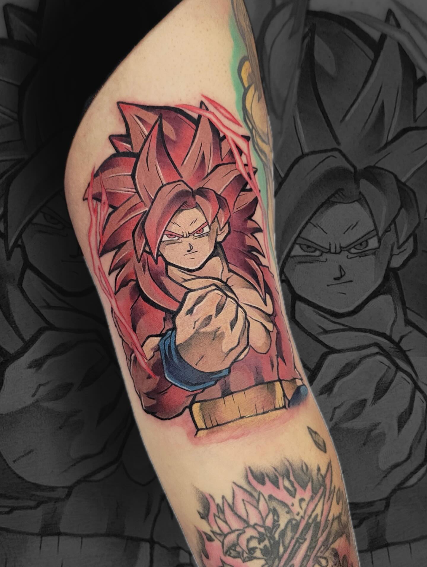 Super saiyan red anime tattoo on the forearm by Danny, San Luis Obispo, California