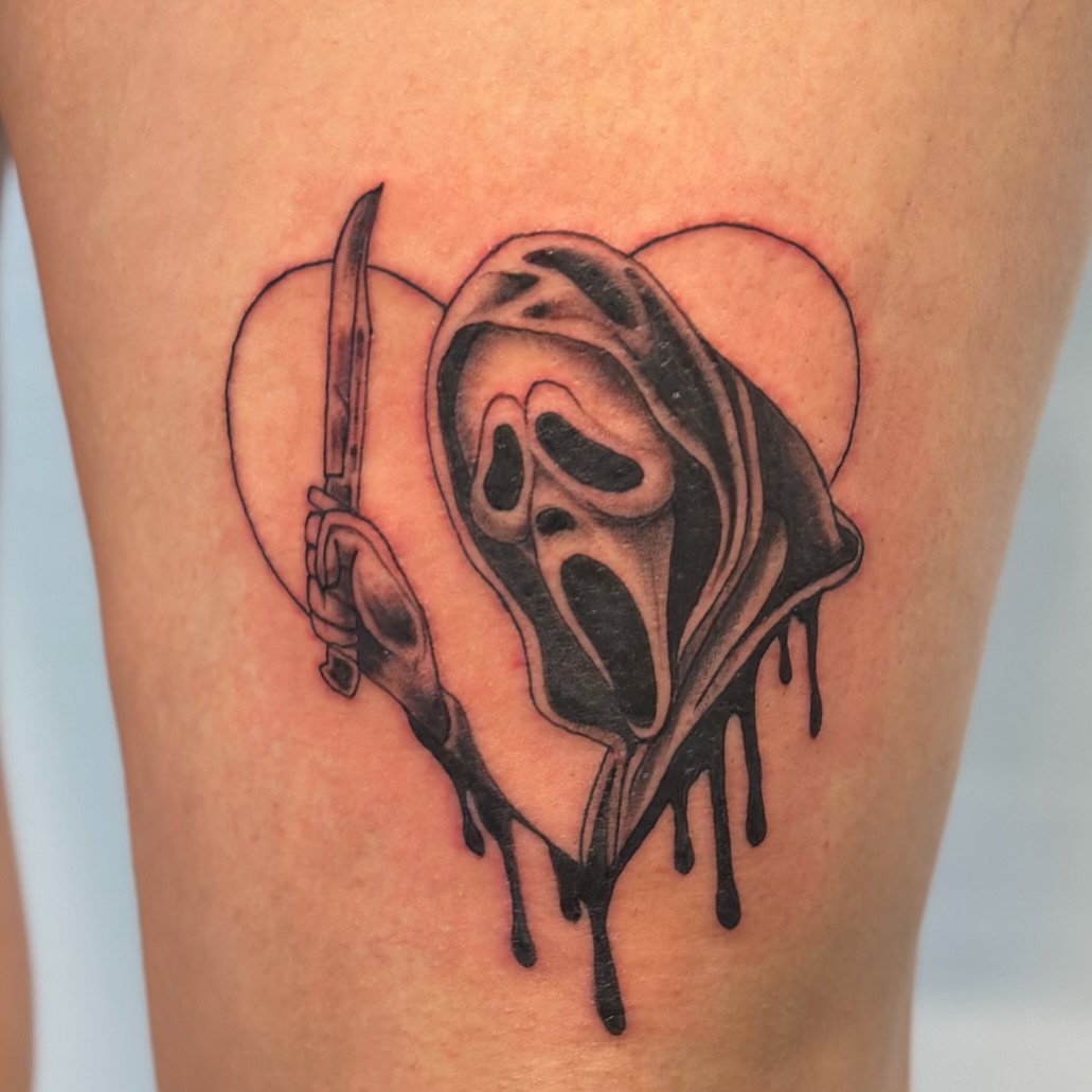 Ghostface mask black and grey tattoo on the thigh by πΎππ π π·ππ πππππ πΏπππππ π¬πππππ
