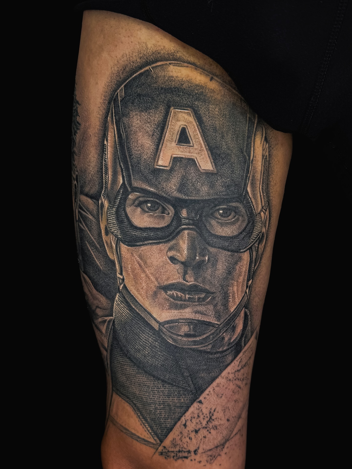 Captain America realism tattoo on the forearm by Mak$ Brand