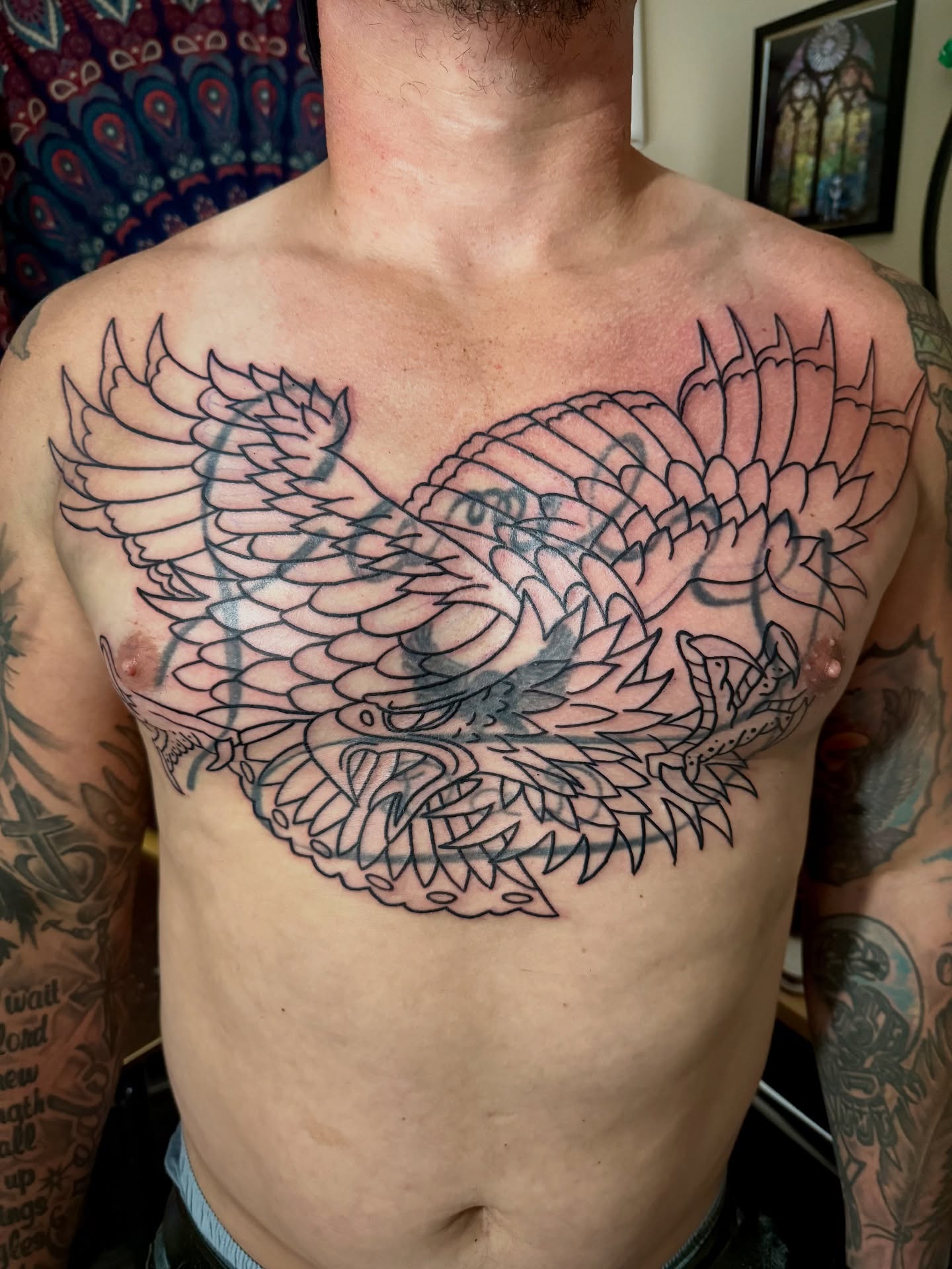 Phoenix japanese irezumi tattoo on the chest by Ashley Laine Evans
