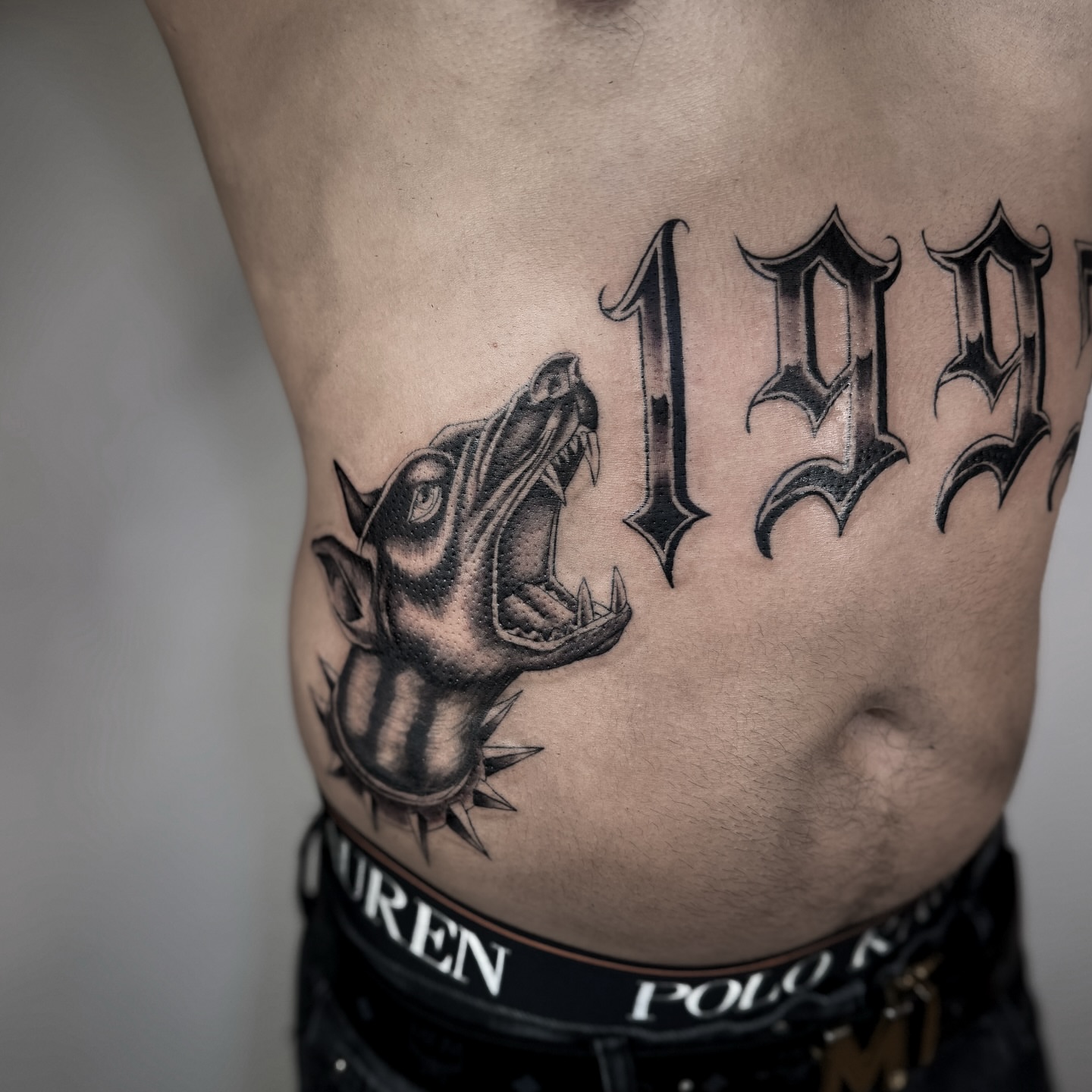 Roaring dog realism tattoo on the ribs by @sadfoo_tattoo, Austin, Texas