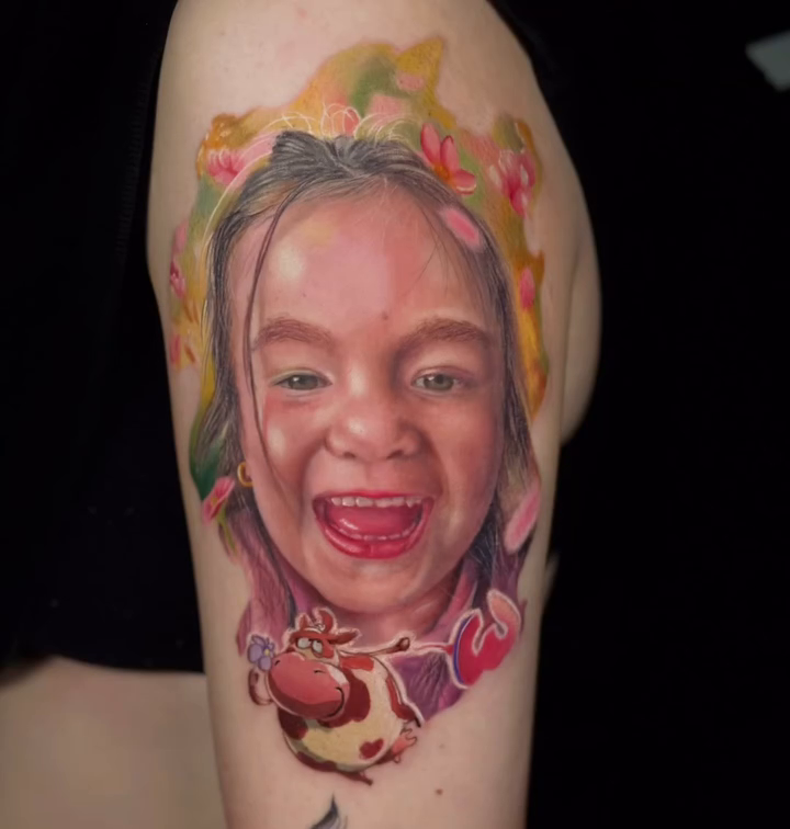 Child portrait with cow realism tattoo by Hiroto Nguyen, Perth, Western Australia