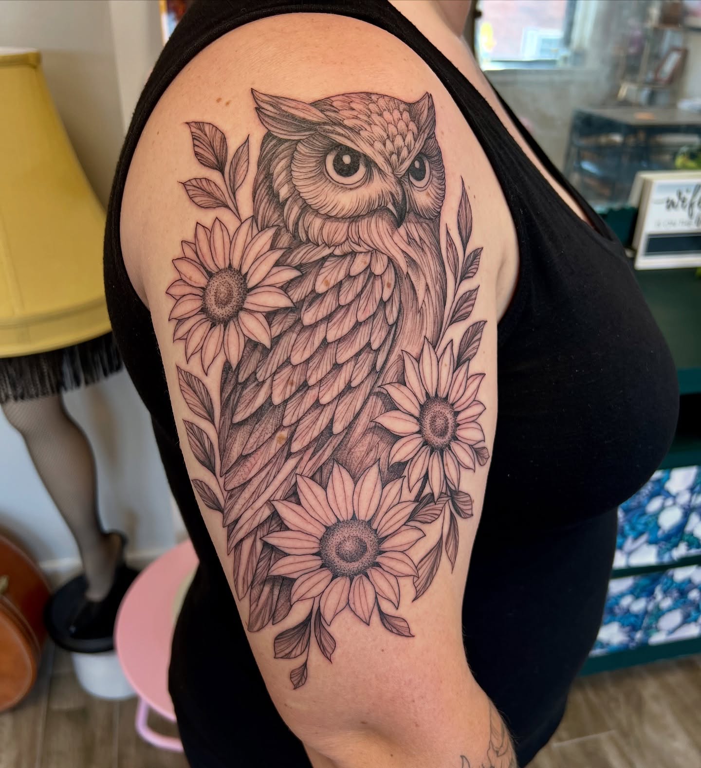 Owl and sunflowers realism tattoo on the shoulder by Amanda Morris