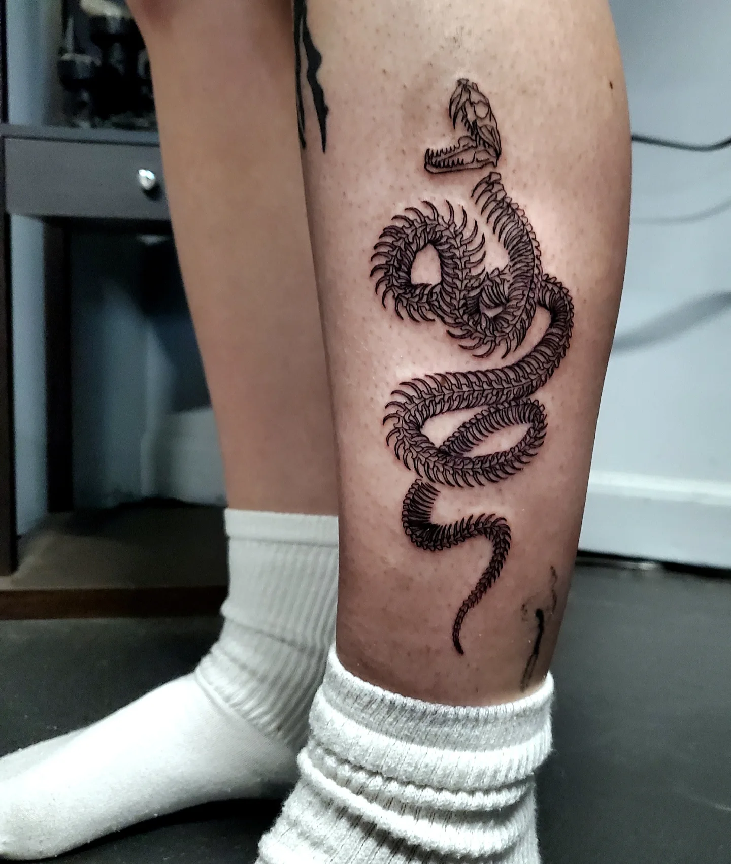 Snake black and grey tattoo on the leg by Shailey Pasquale