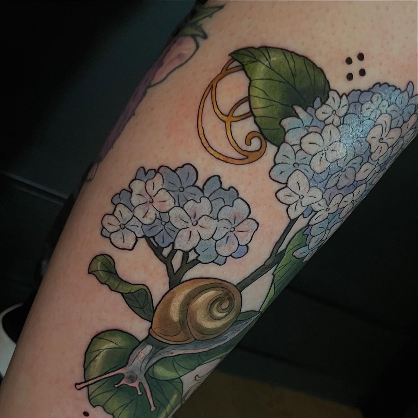 Snail and hydrangea new school tattoo on the forearm by Paige Hudon, Chicago, Illinois