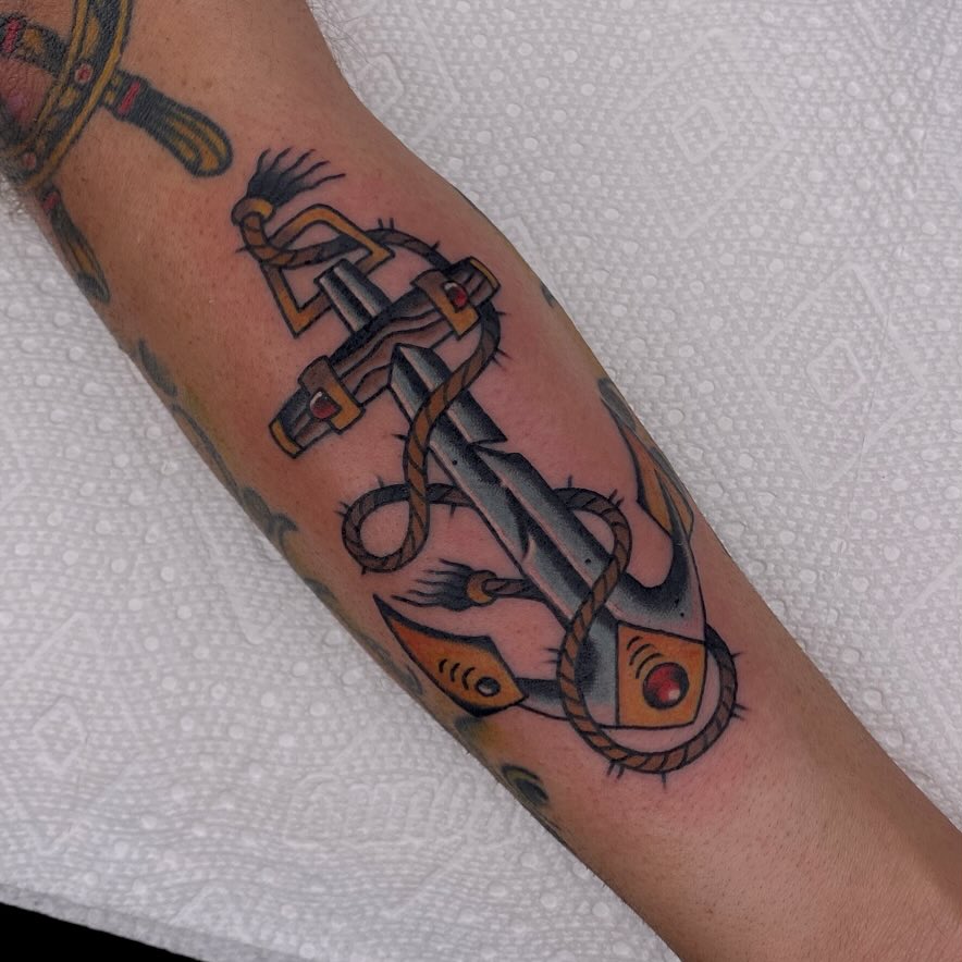 Anchor and rope American traditional tattoo on the forearm by Justin R. Mitchell, Fort Worth, Texas