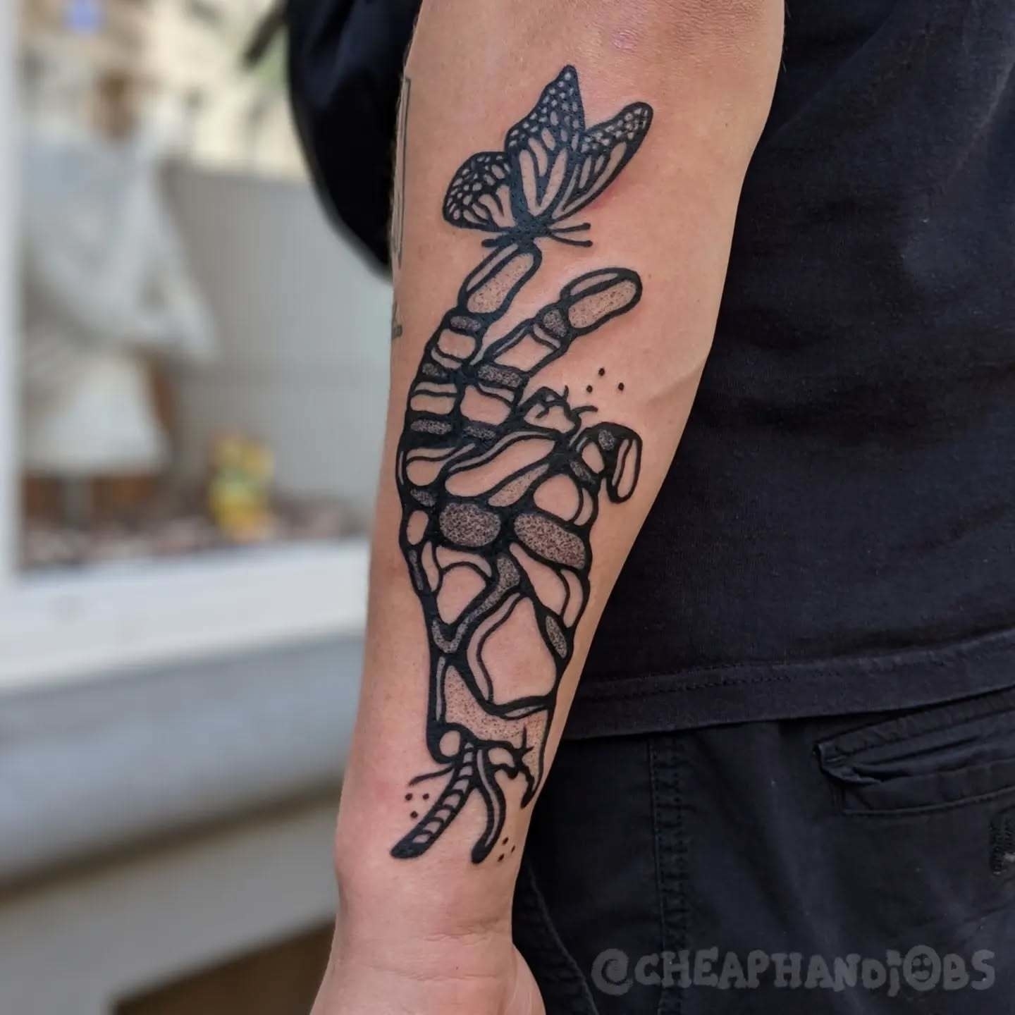 Butterfly skeleton dotwork tattoo on the forearm by @cheaphandjobs, Leipzig, Germany