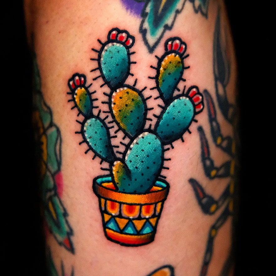 Prickly pear cactus American traditional tattoo on the forearm by Don Boos Tattoos
