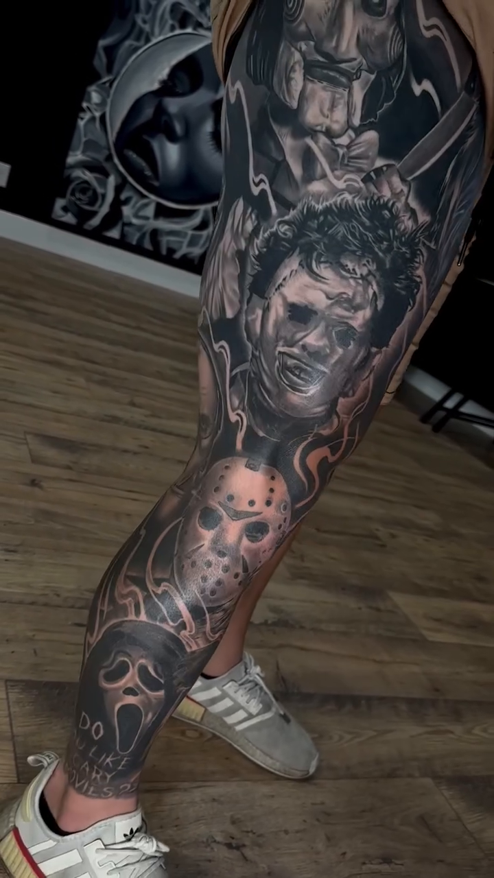 Horror movie characters dark realism tattoo by DH Tattooing