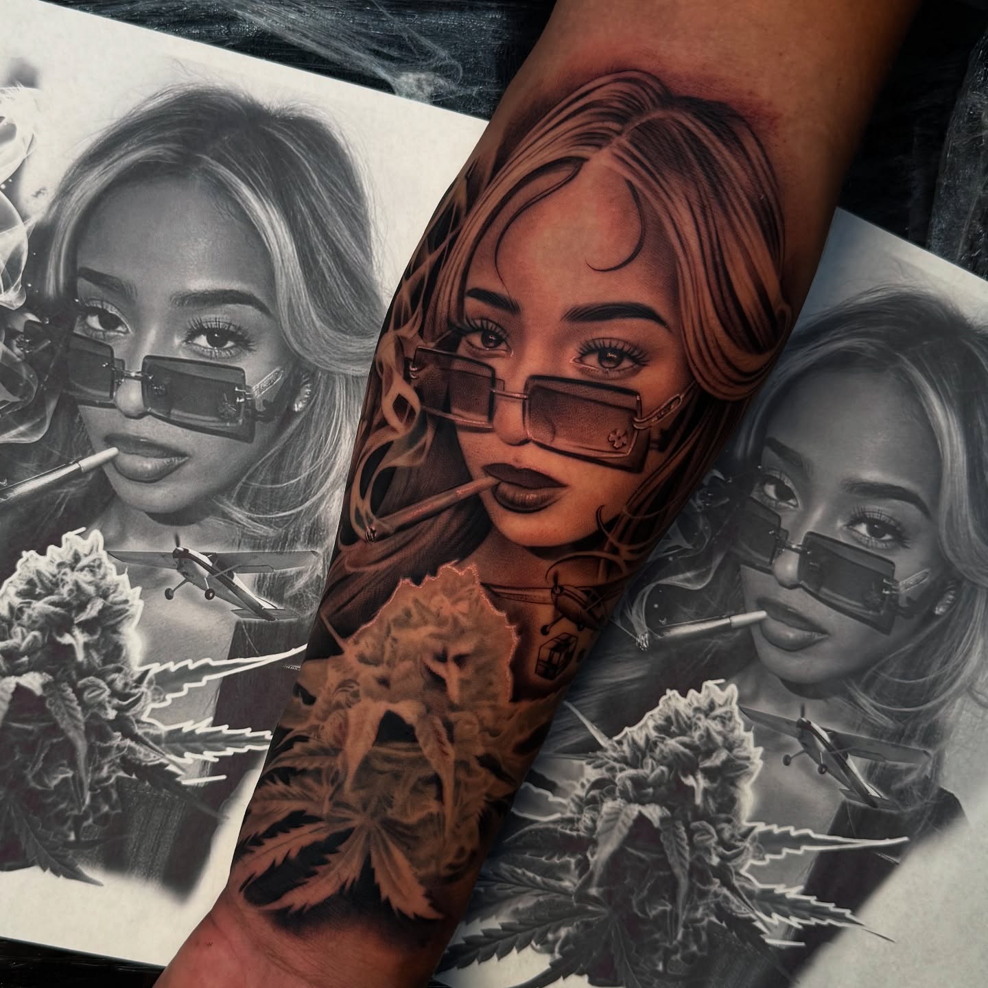 Woman with glasses realism tattoo on the forearm by Ivan Guadalupe guzman