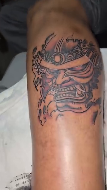 Samurai mask tattoo Japanese tattoo on the forearm by Trent Johnson