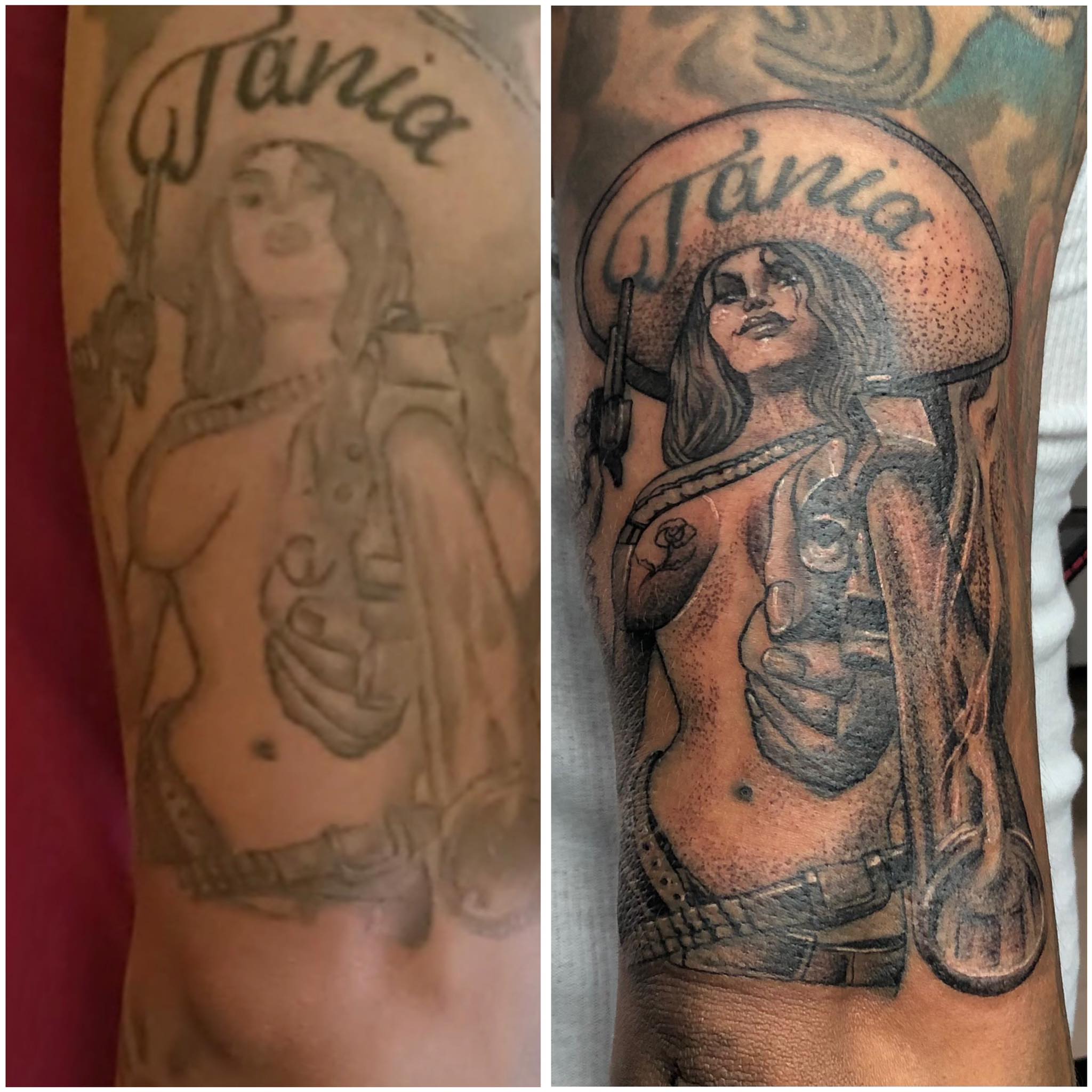 Cowgirl dotwork tattoo on the forearm by Tattooart-gotha, Juchitan, Oaxaca, Mexico