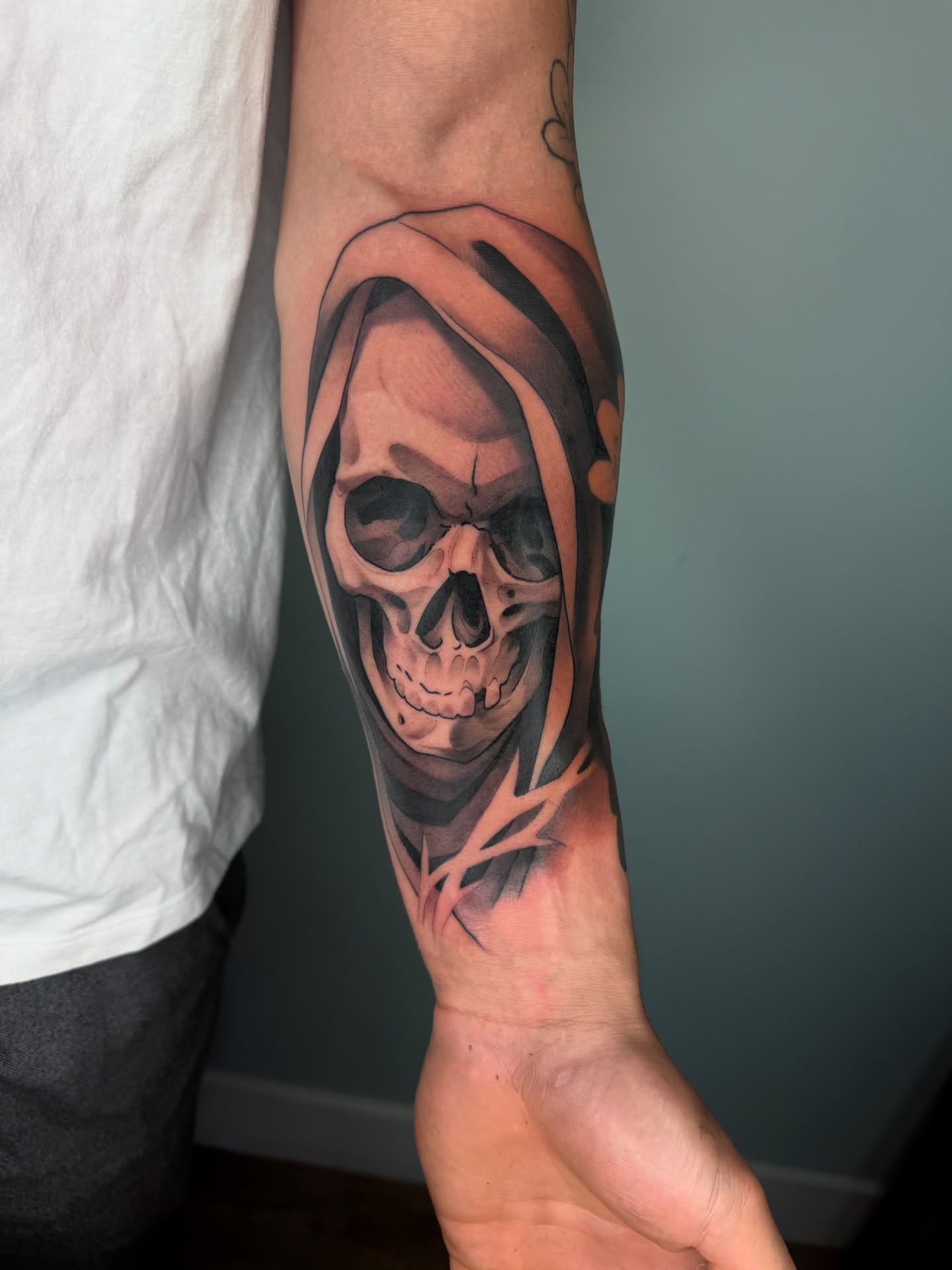 Skull realism tattoo on the forearm by Angel, Salt Lake City, Utah