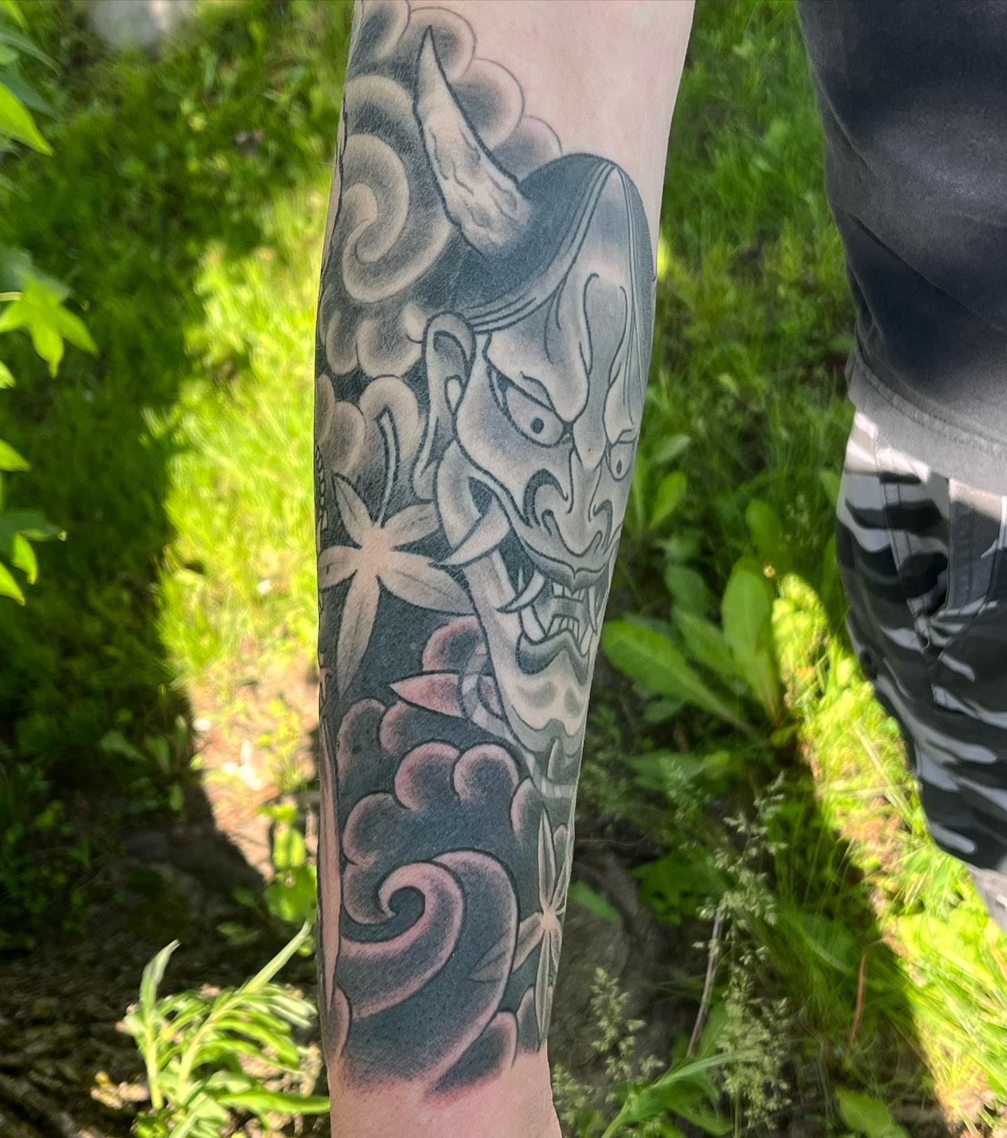 Demon mask japanese irezumi tattoo on the forearm by TYP 419, Toledo, Ohio