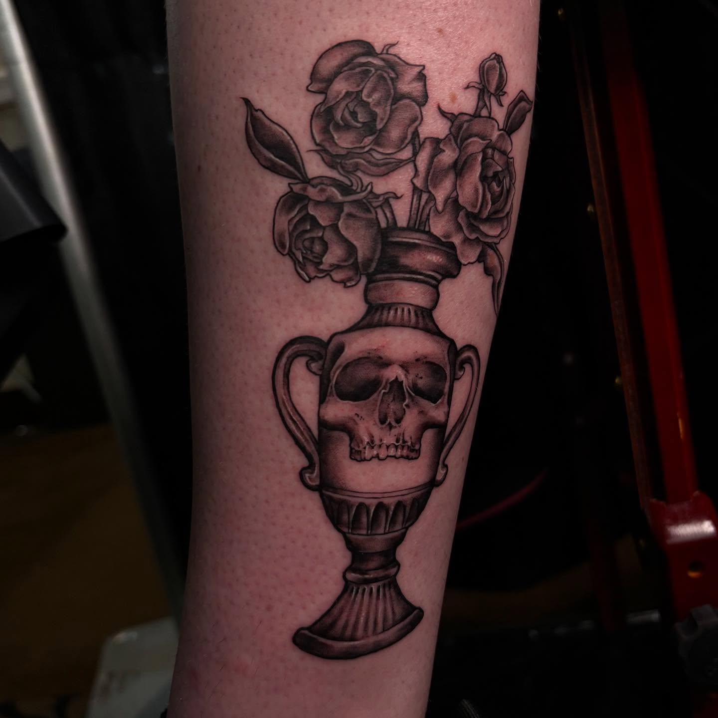 Trophy with roses realism tattoo on the forearm by amy mangeri ๐ฆ