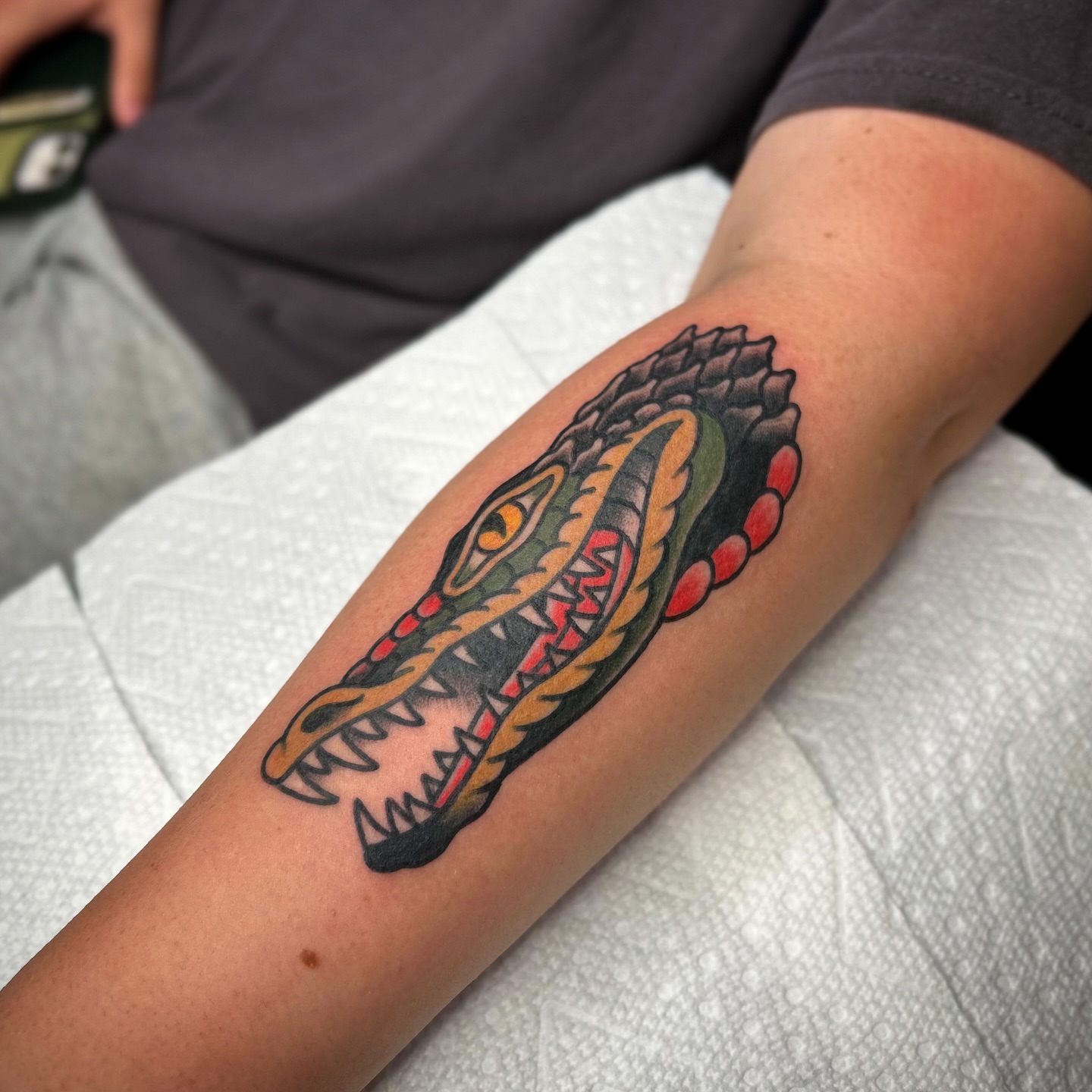 Crocodile American traditional tattoo on the forearm by Bright-bold-classic Tattoos, North Hills