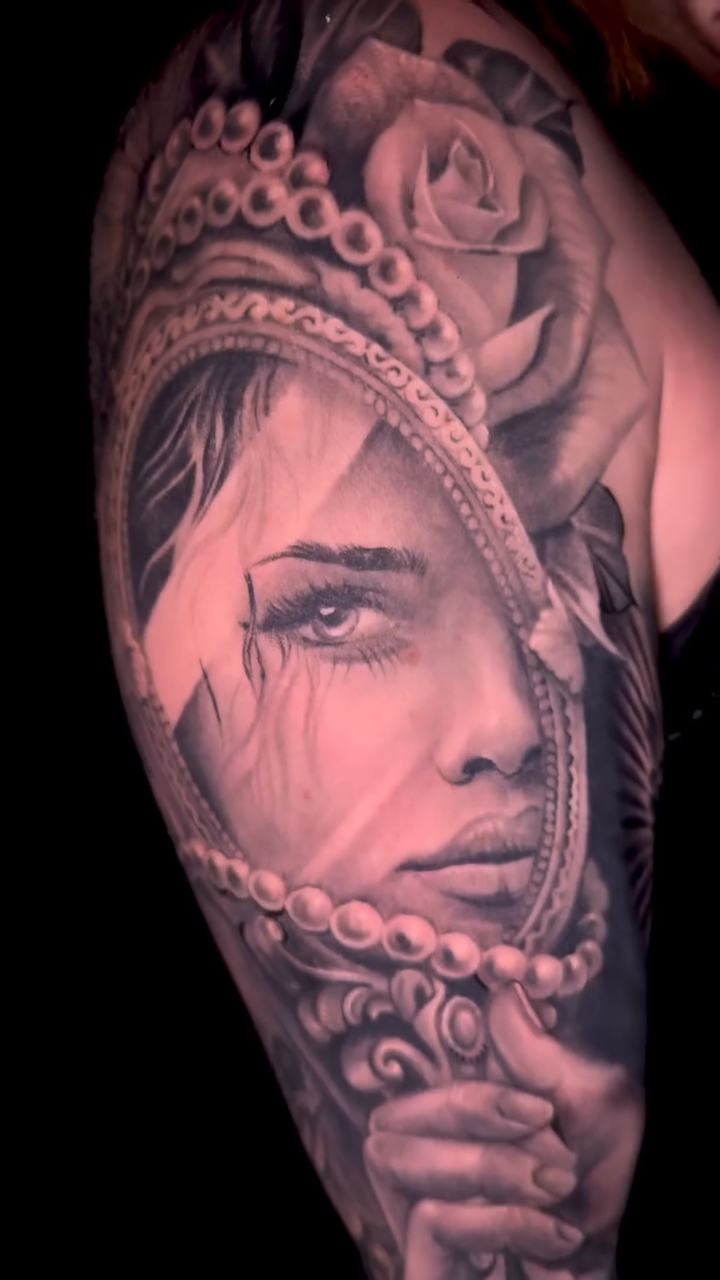 Woman's portrait with clockwork elements realism tattoo by Sean Flood