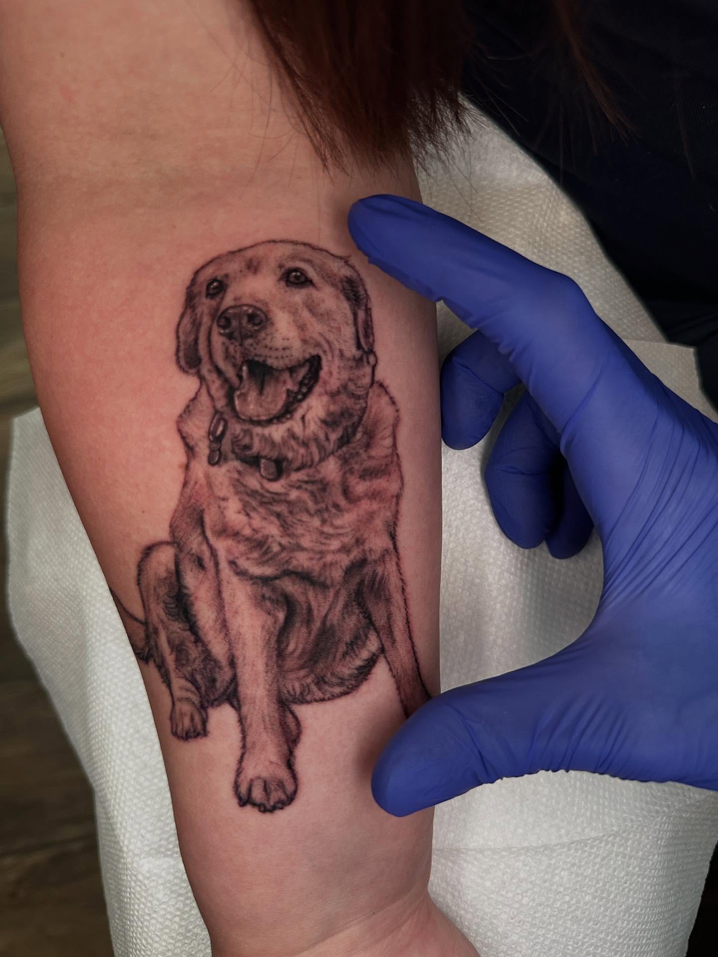 Dog realism tattoo on the forearm by Ty Pallotta, Austin, Texas