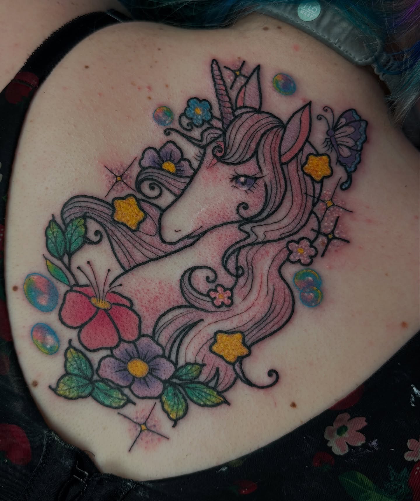Unicorn new school tattoo on the back by ♡𝕄𝕒𝕜𝕒𝕪𝕝𝕒♡, Colorado Springs, Colorado