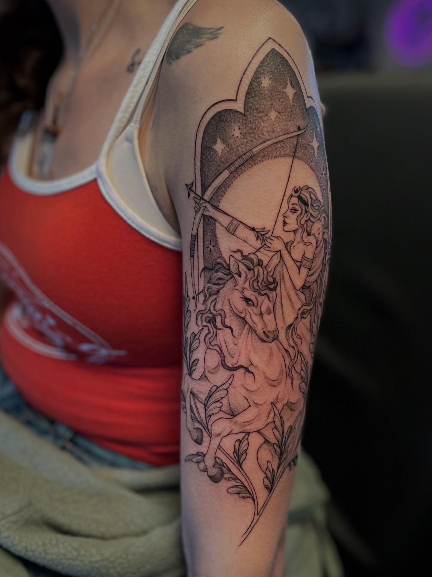 Archer on horseback black and grey tattoo on the forearm by @jettaturas, New City, New York