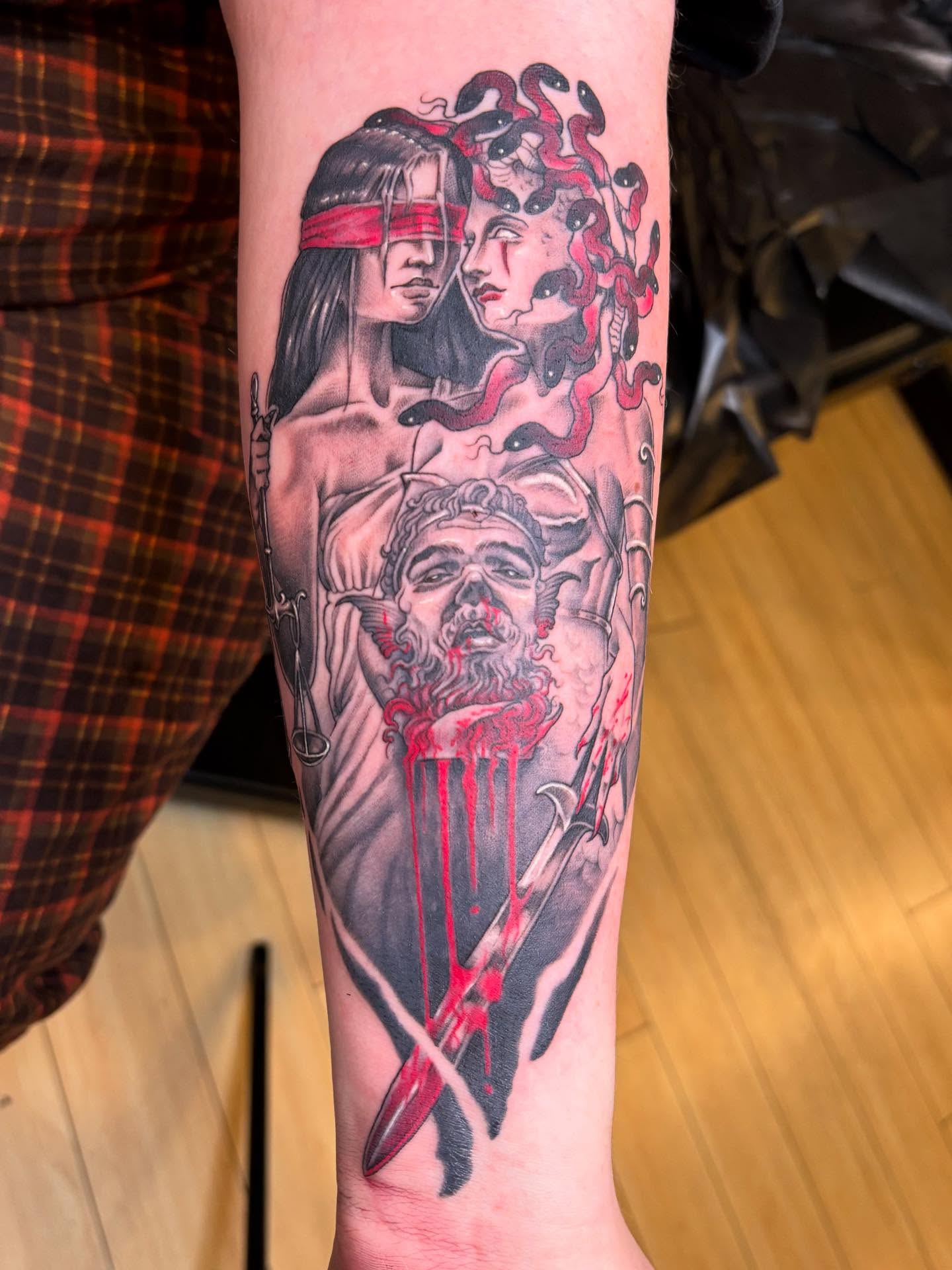Medusa and gorgon neo-traditional tattoo on the forearm by Tad Fulkerson, San Francisco, California