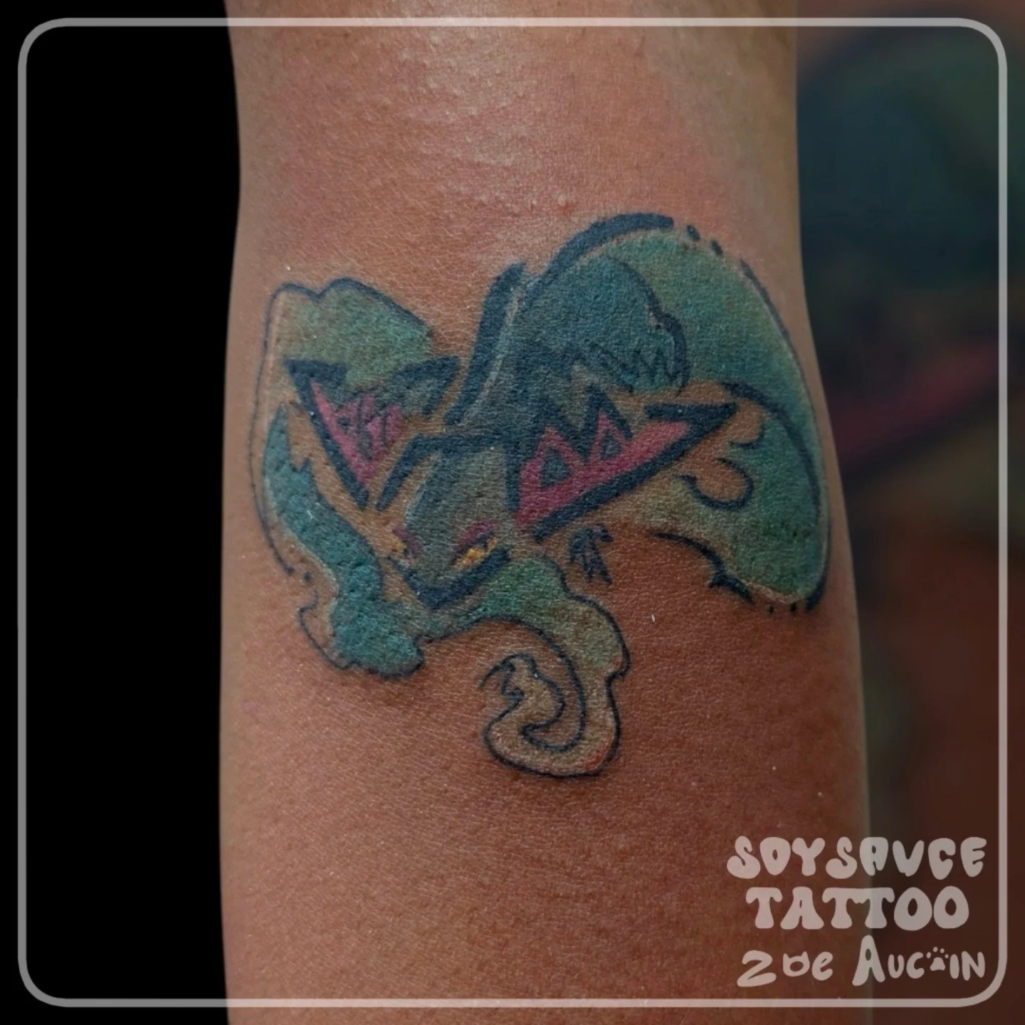 Chameleon new school tattoo on the forearm by Zoe Aucoin