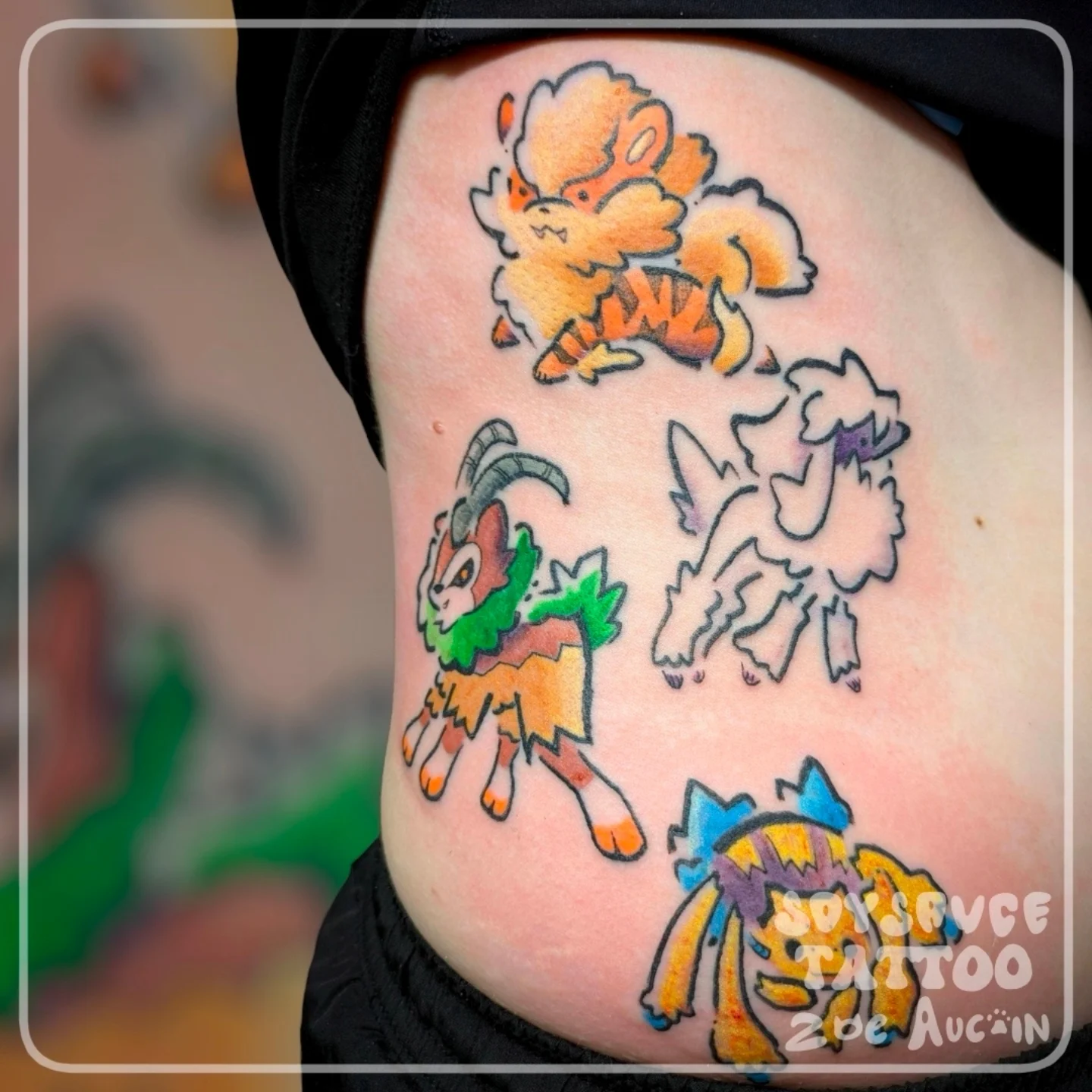 Pokémon evolution dotwork tattoo on the thigh by Zoe Aucoin
