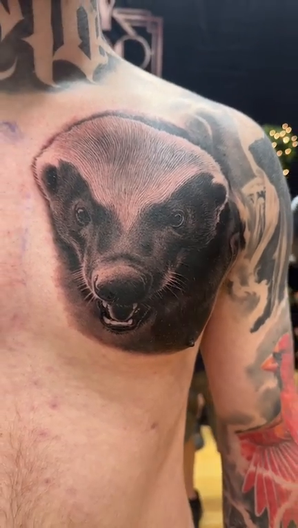 Honey badger portrait realism tattoo by Chris Allen Taylor