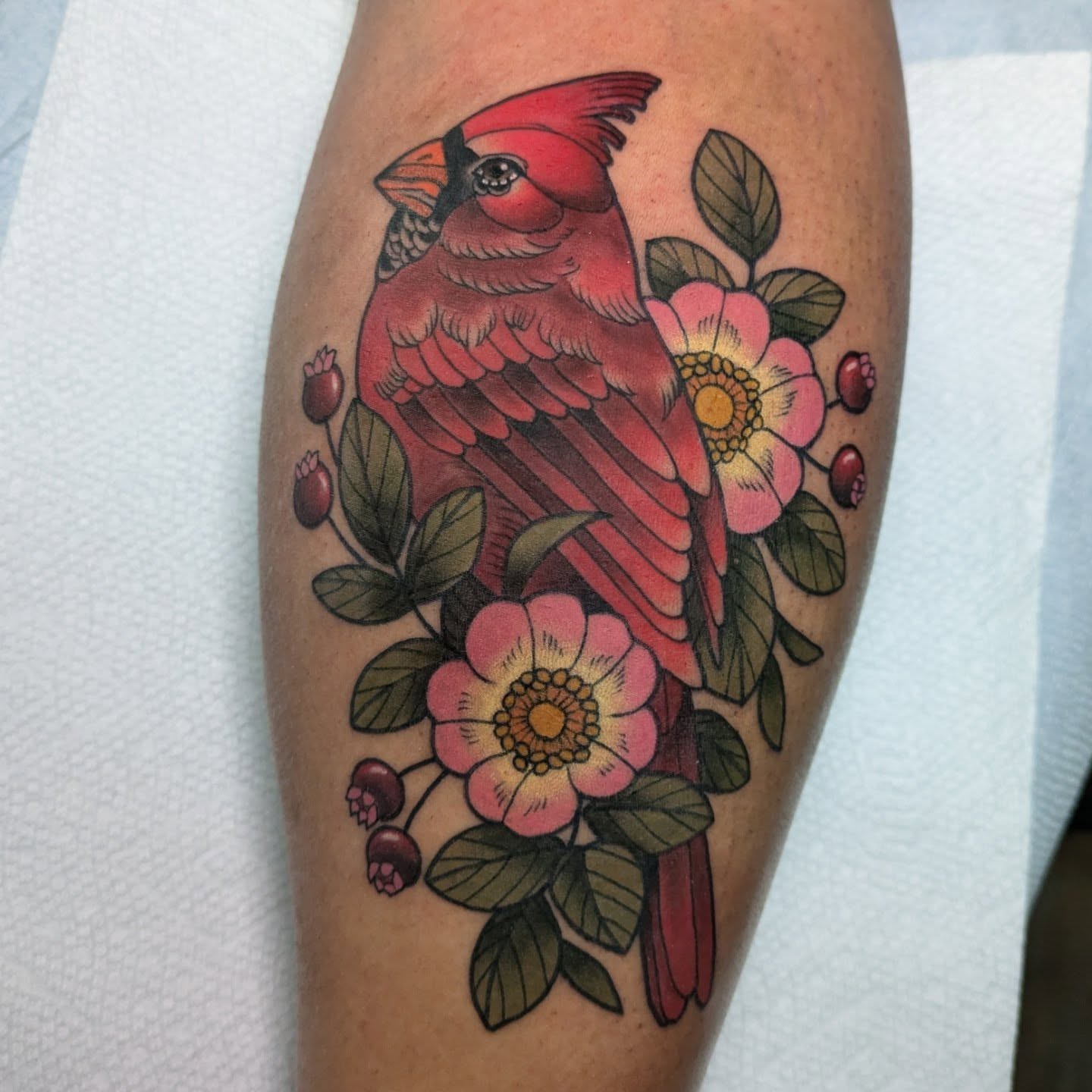 Cardinal bird American traditional tattoo on the forearm by Ellie