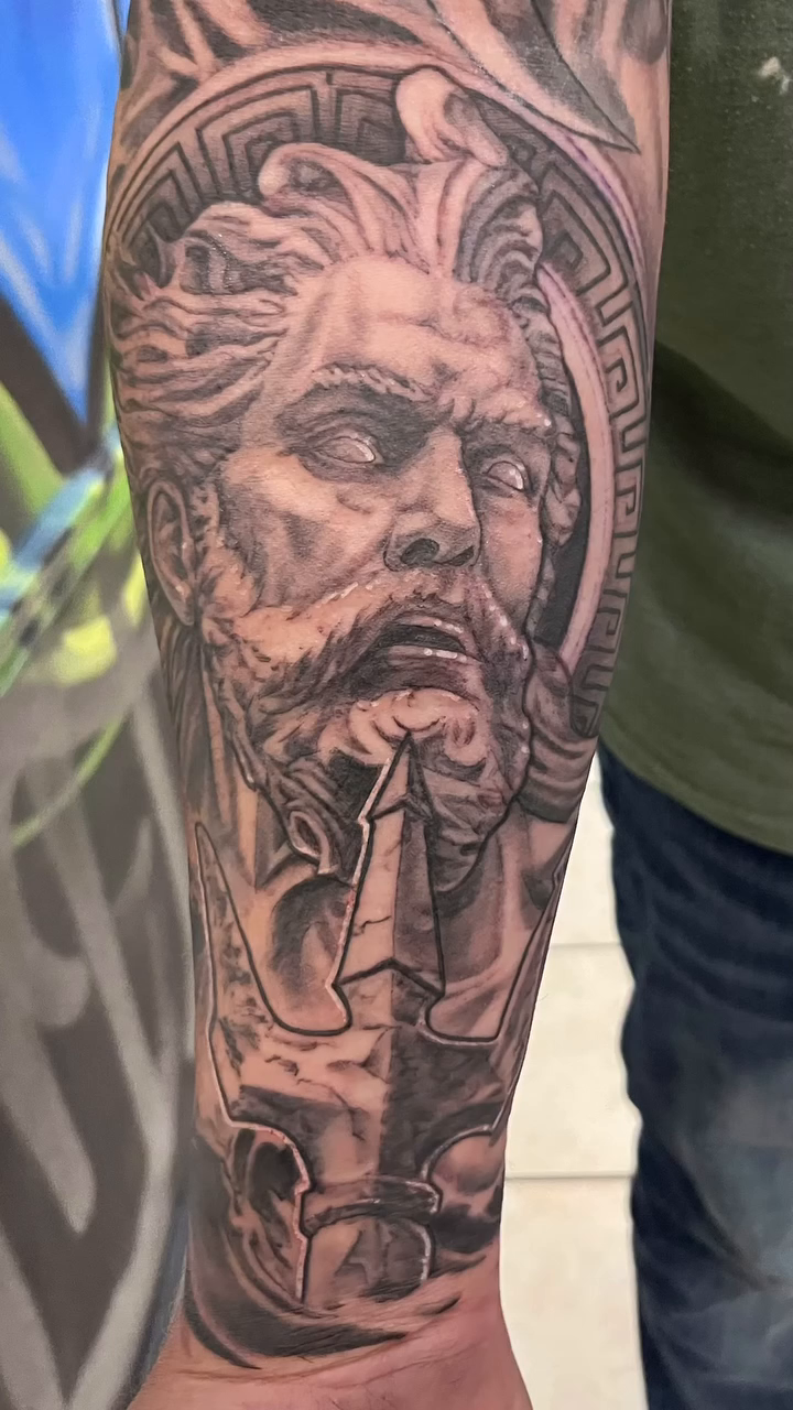 Greek god portrait realism tattoo by Look