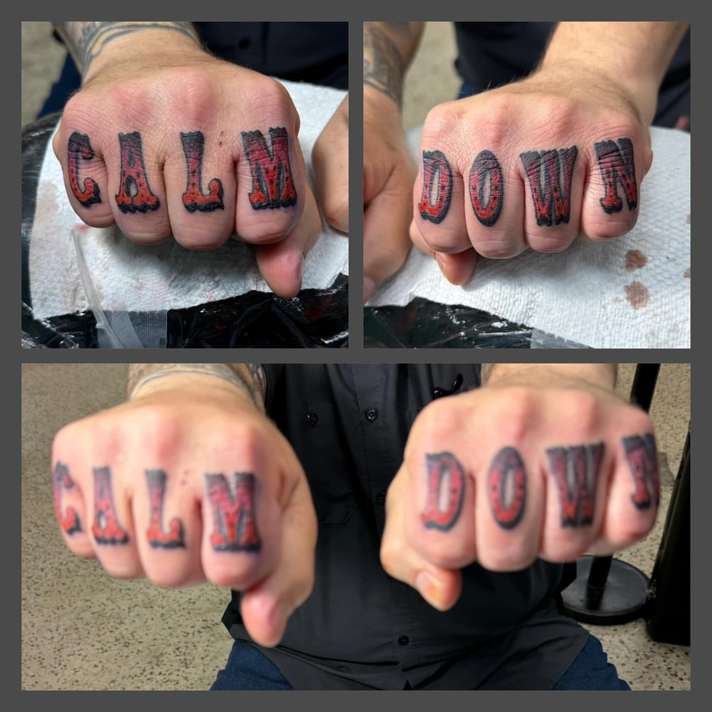 Calm down lettering script tattoo on the hand by Richard Nagy, New Orleans, Louisiana