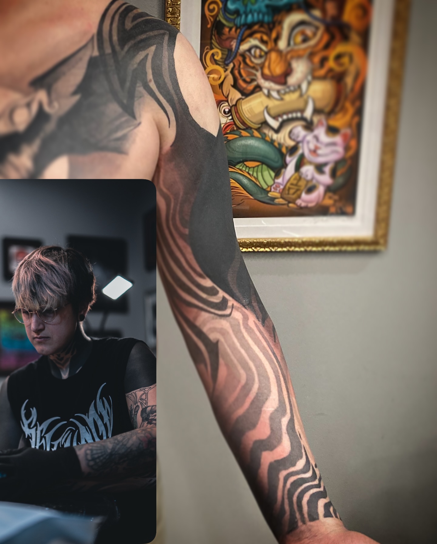 Wave pattern black and grey tattoo on the forearm by Rizzie D'Alterio