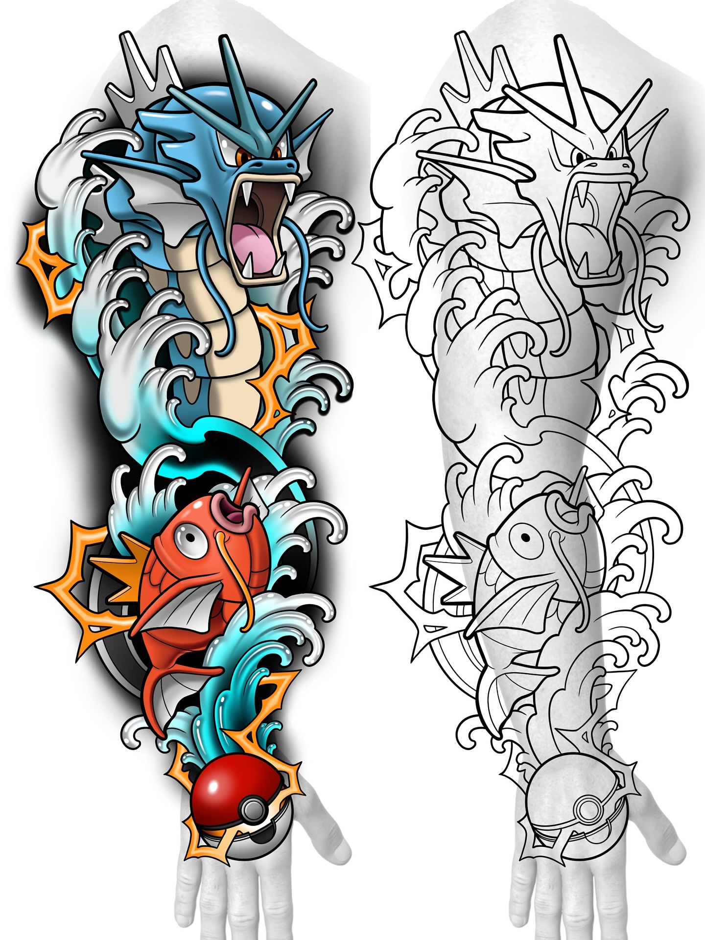 Dragon and koi fish new school tattoo on the upper arm by Joshua Orville Vaughn, Kansas City, Missouri