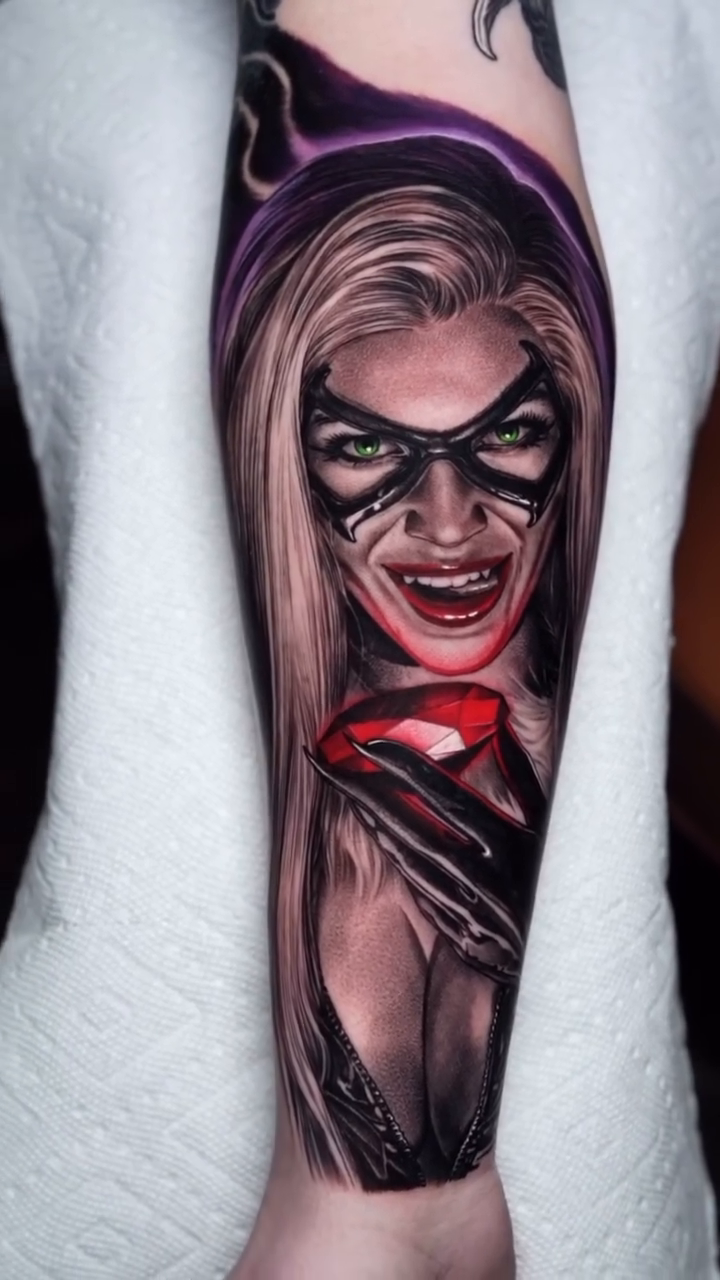 Woman and mask realism tattoo by Jake Ross, Mentor, Ohio