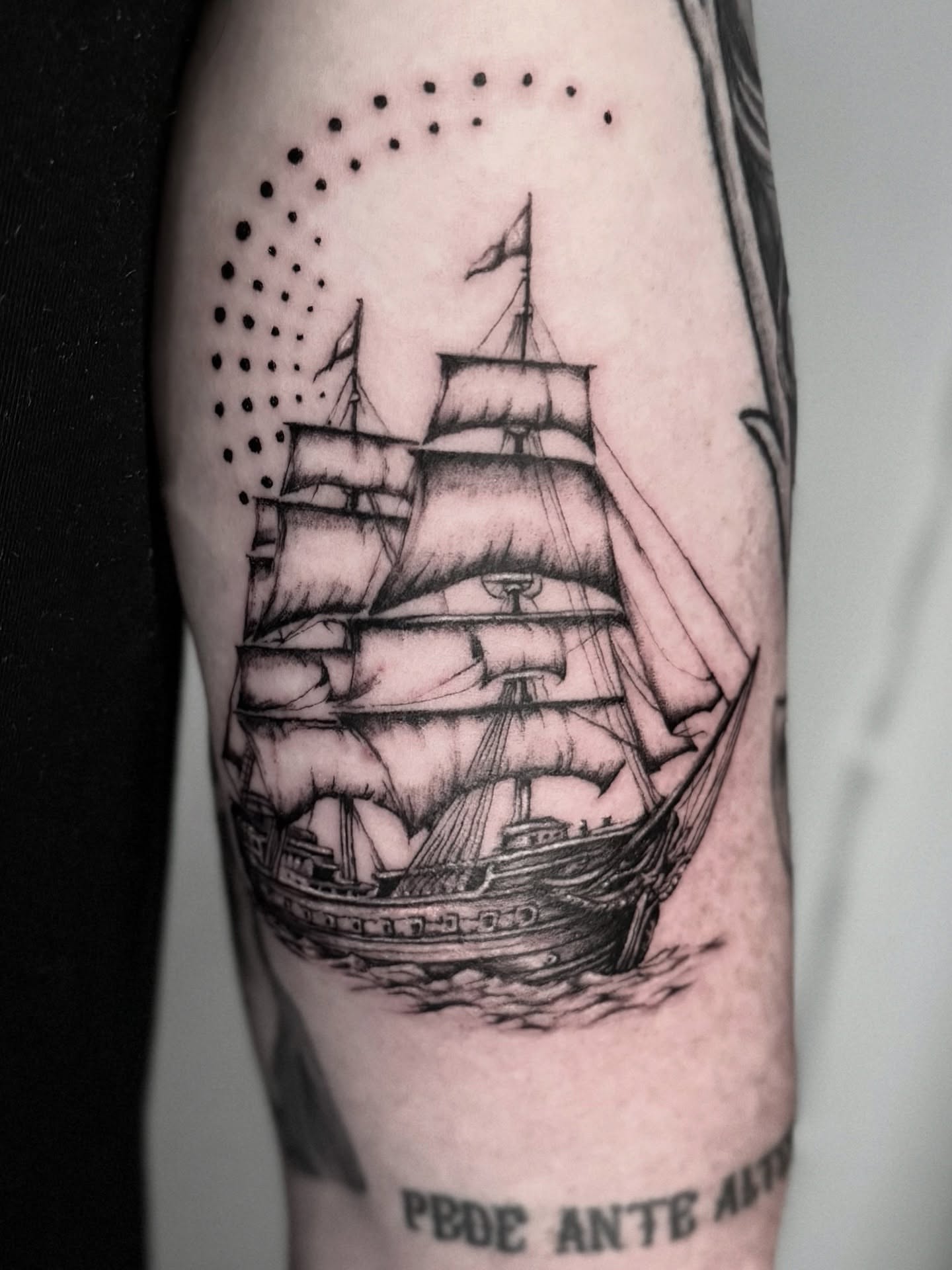 Ship dotwork tattoo on the forearm by Miro Ink Tattoo