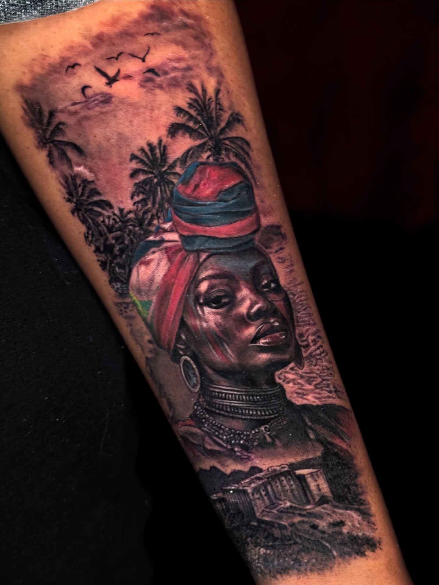 Woman with headdress realism tattoo on the forearm by Maverick Mayes🕷