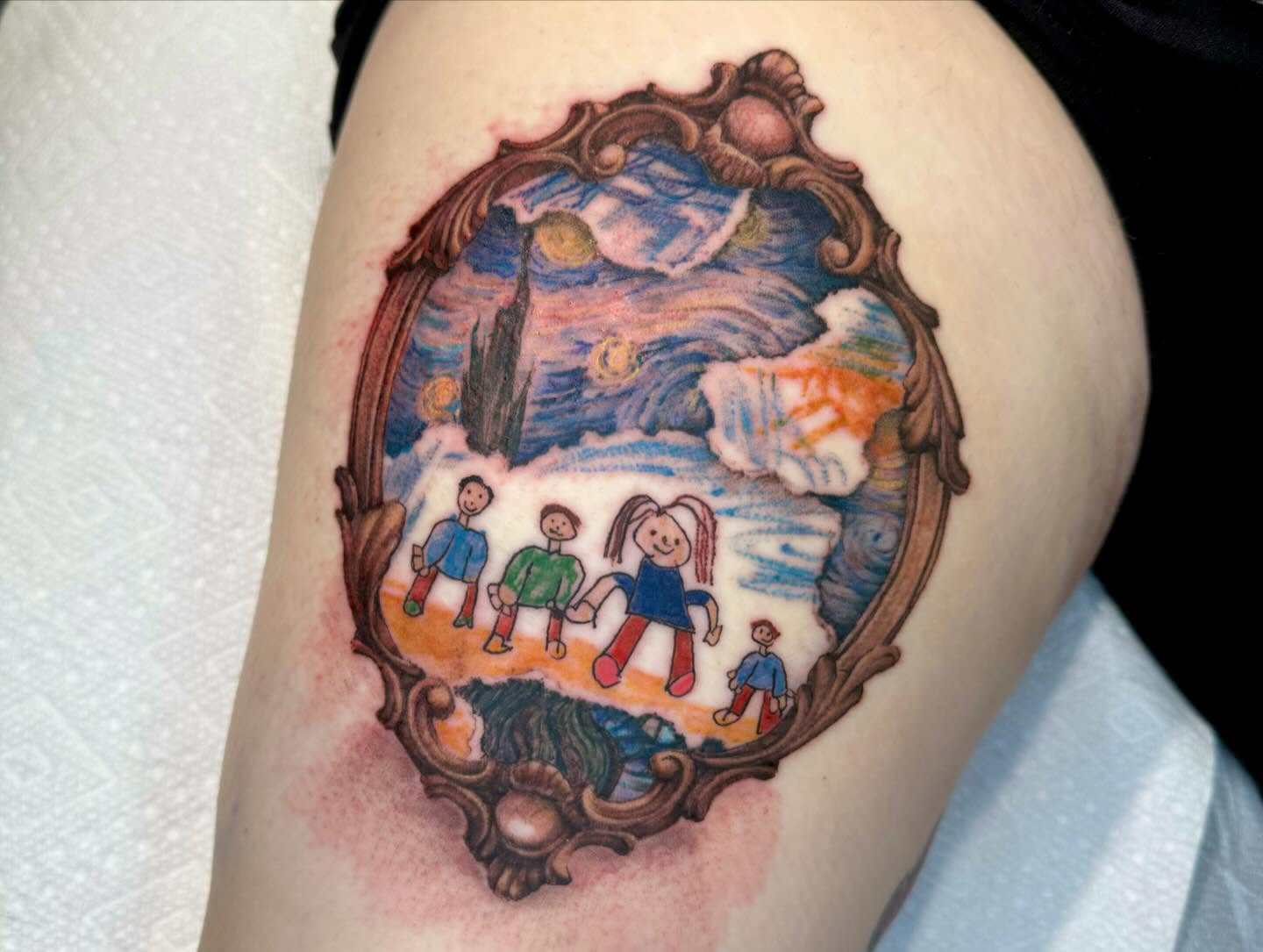 Children in landscape illustrative tattoo on the thigh by Amber Miracle