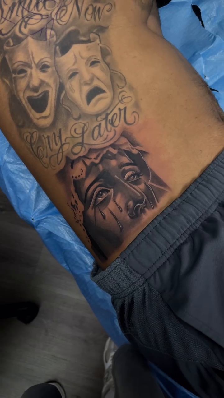 Masks and jesus christ realism tattoo by Vanessa Valdivia