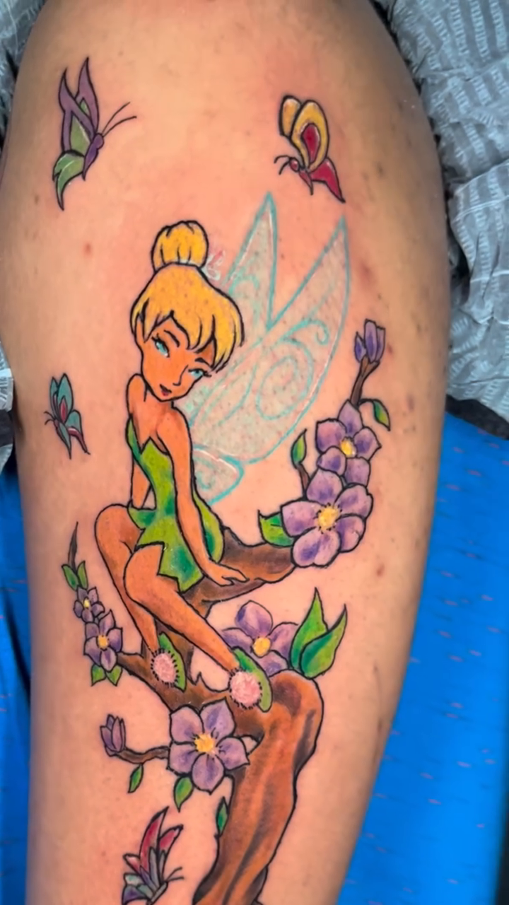 Tinkerbell on a branch neo-traditional tattoo by Jakobi