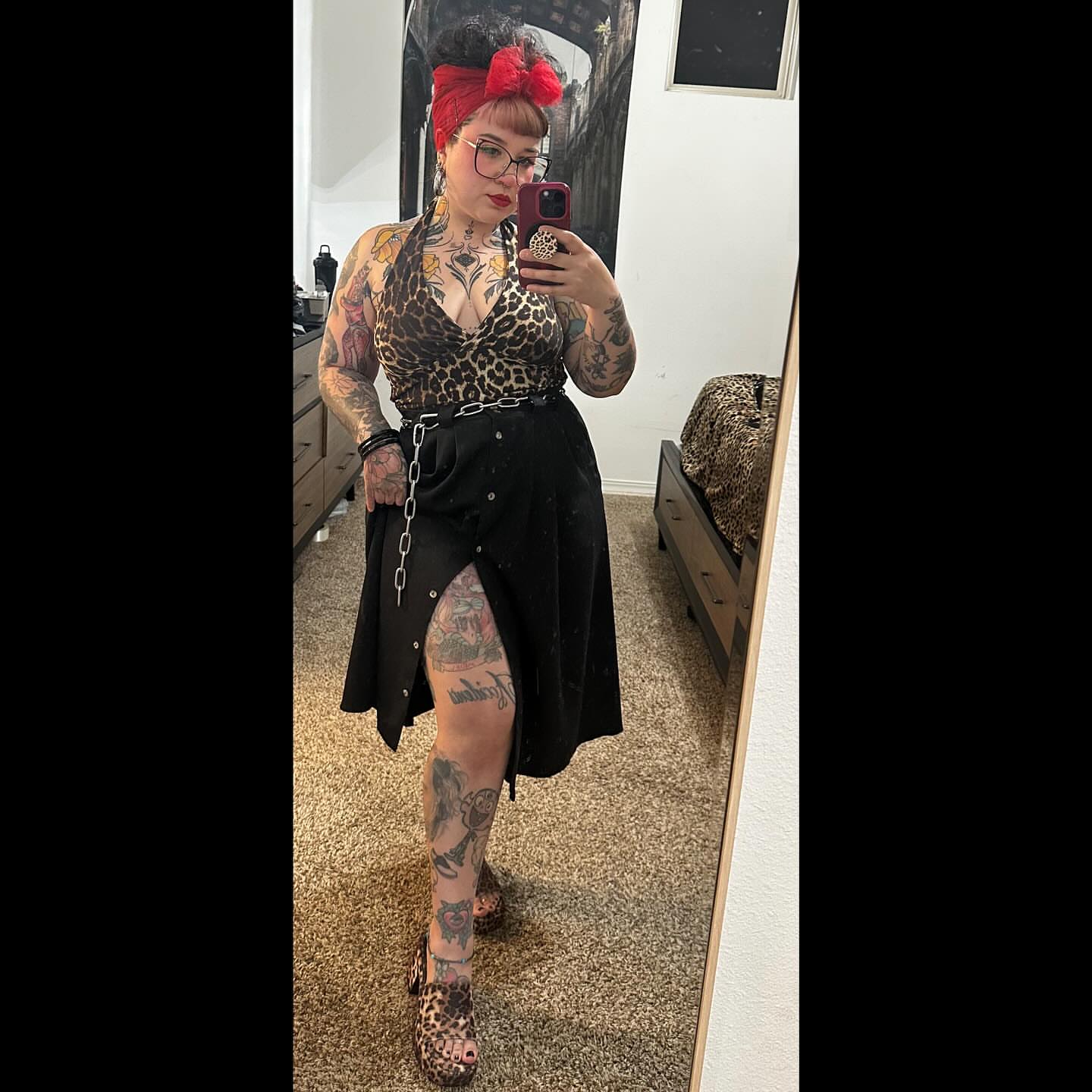 Leopard print top American traditional tattoo on the torso by HannaH