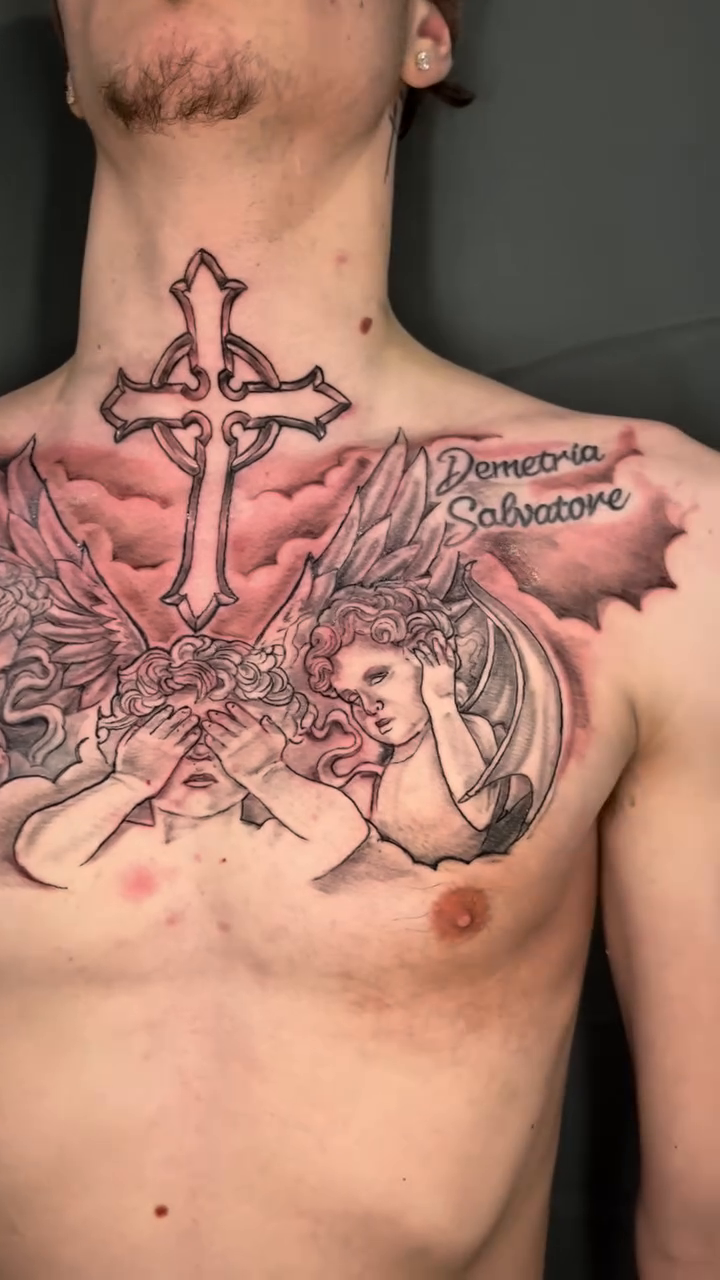 Cross with angels and lettering realism tattoo by Jakobi