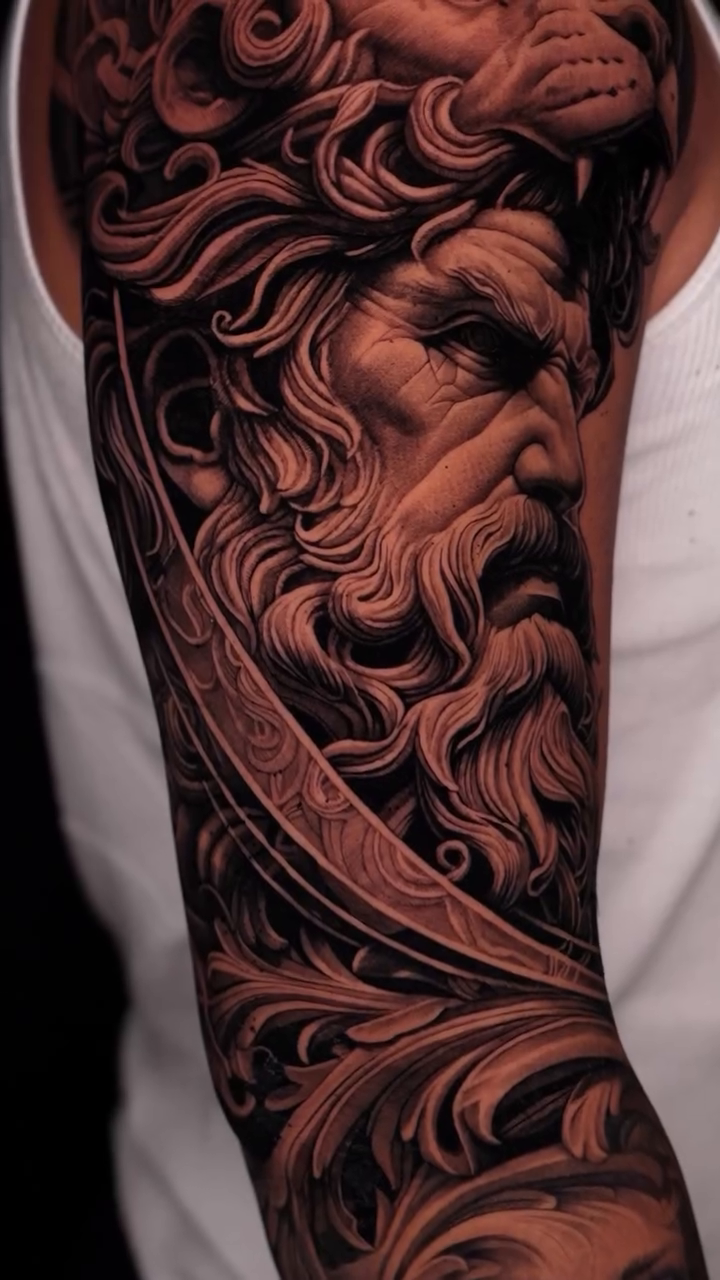 Medusa and Zeus sleeve realism tattoo by Steven tattoo
