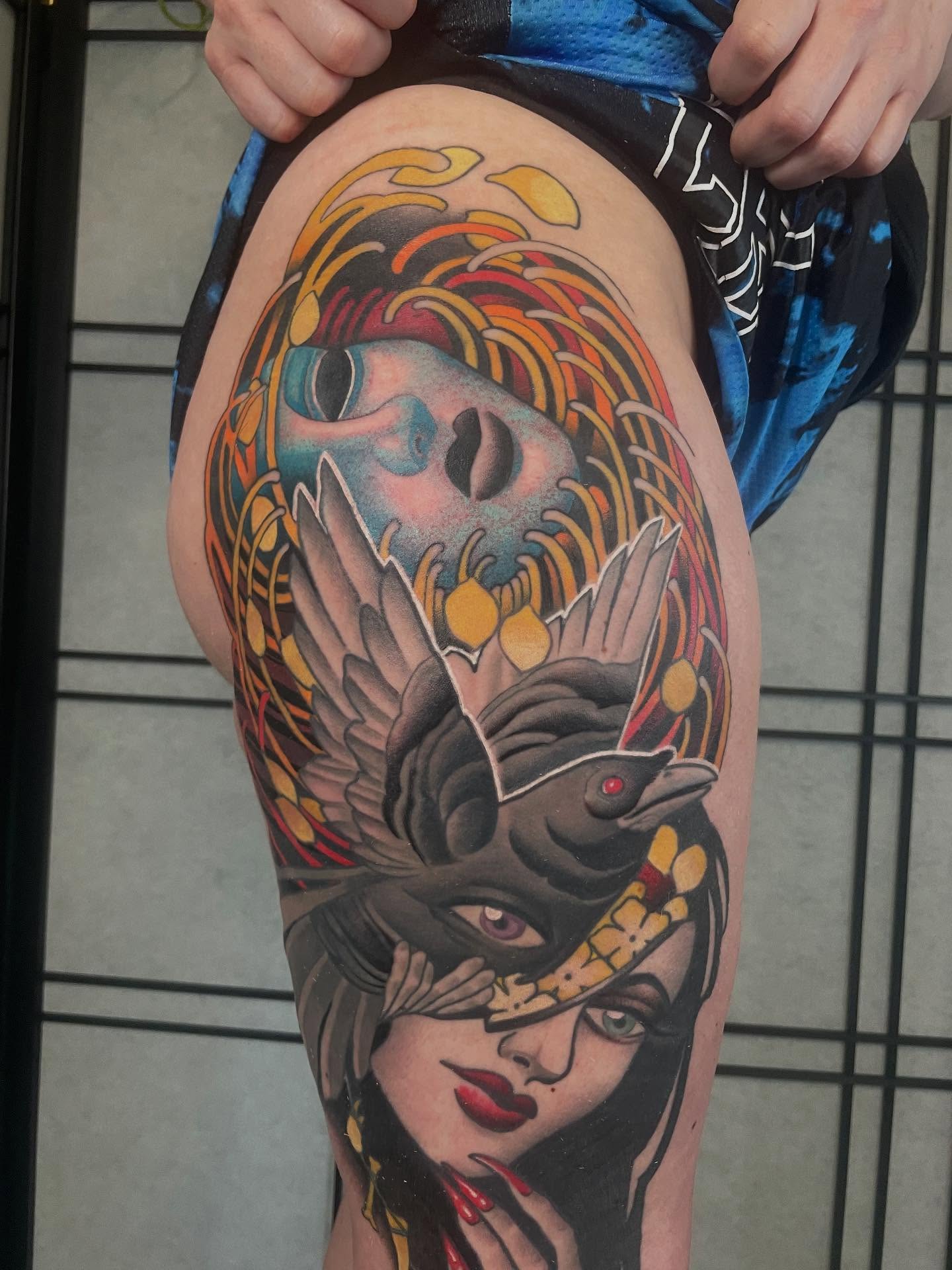 Woman with bird and snake American traditional tattoo on the thigh by Seattle Tattoo Artist, Bonney Lake, Washington
