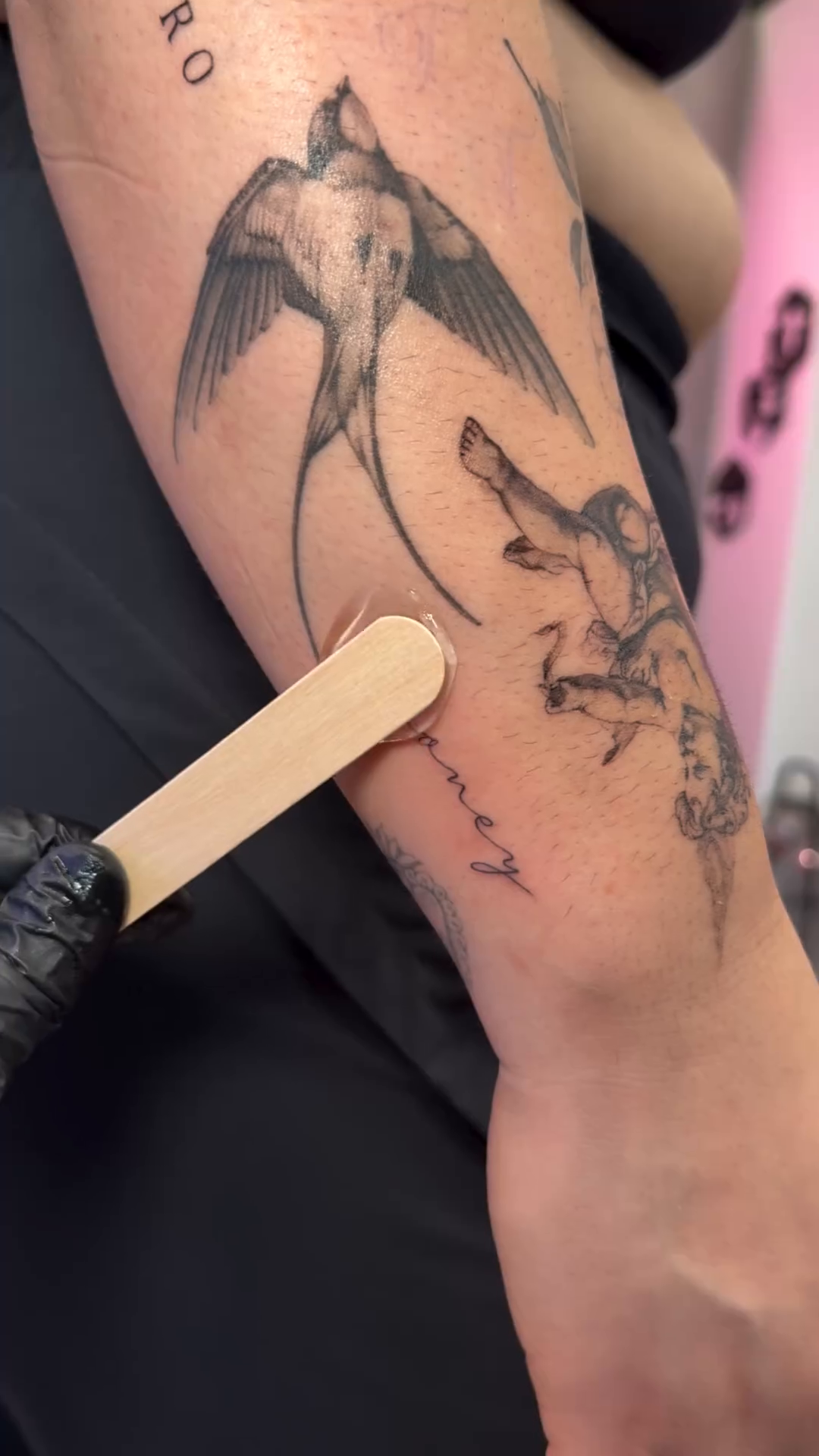 Swallow and script fine line tattoo by Yaya Tattoos ✩ Fine Line Tattoos