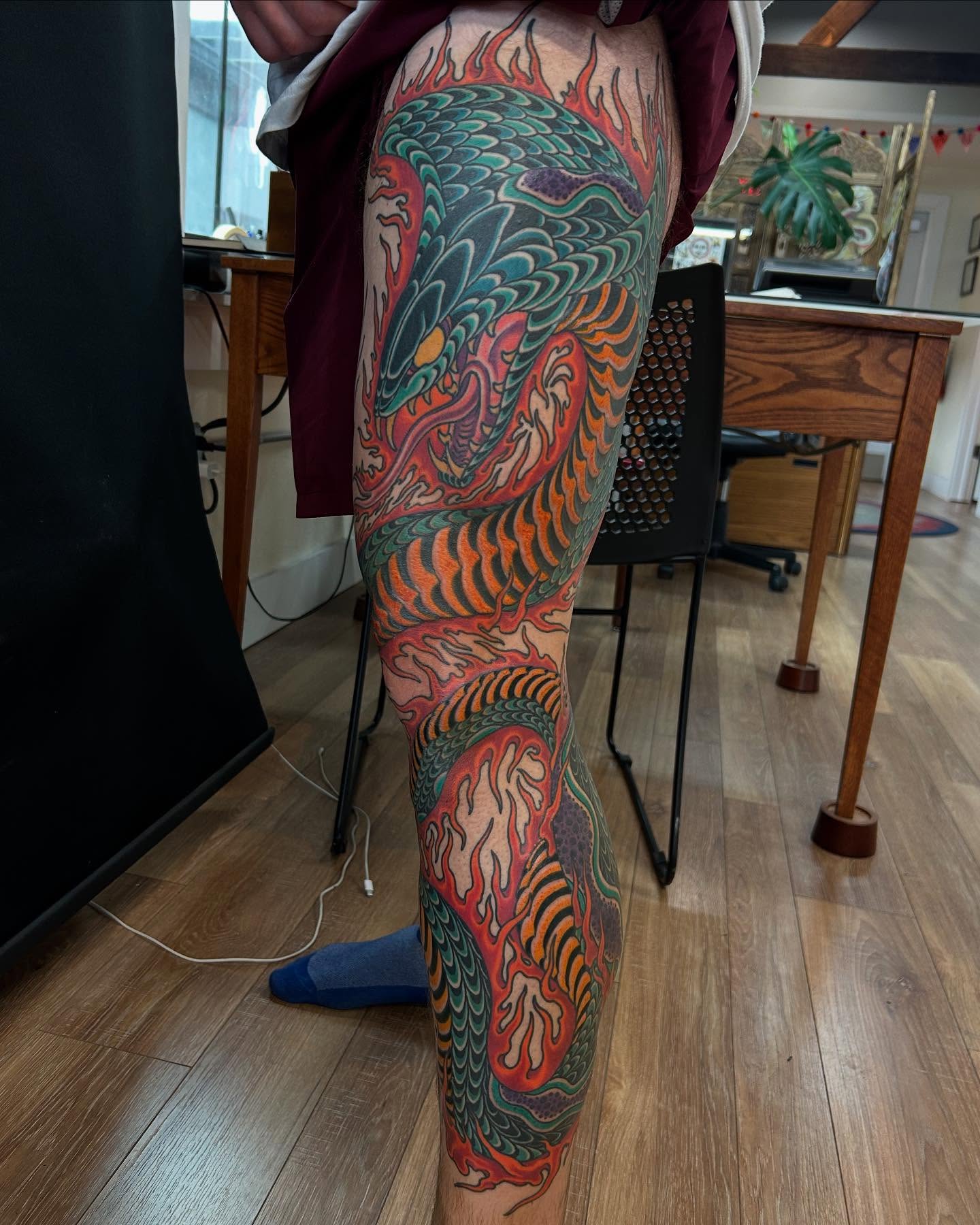 Dragon japanese irezumi tattoo on the thigh by Craig Gardyan