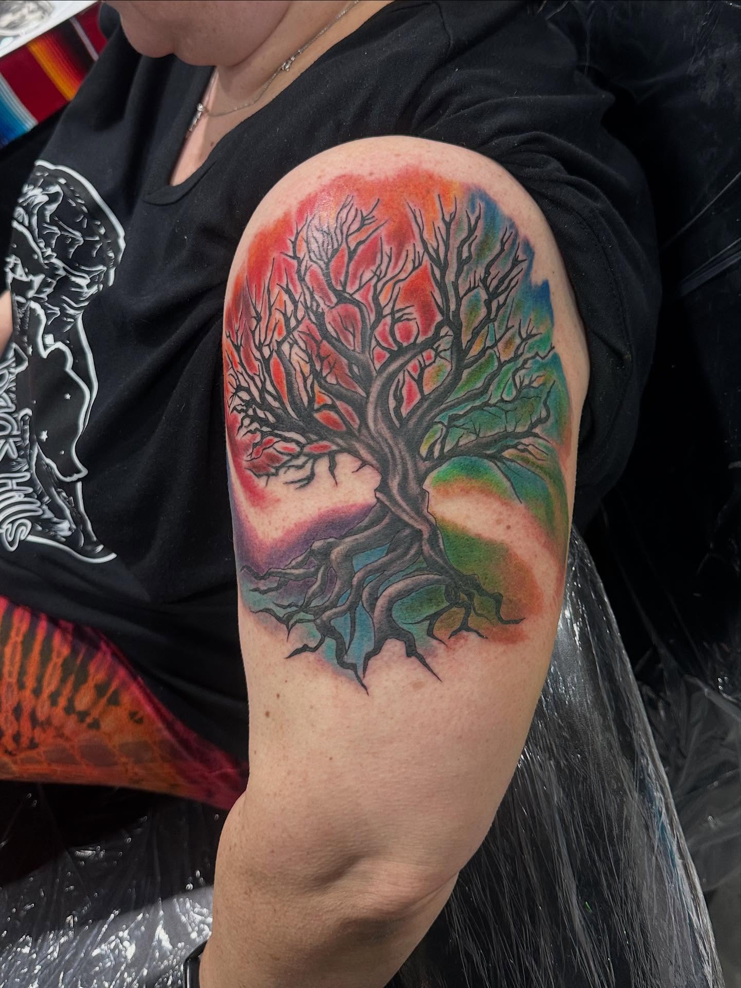 Tree dotwork tattoo on the forearm by George Zabala, Rockdale, Illinois